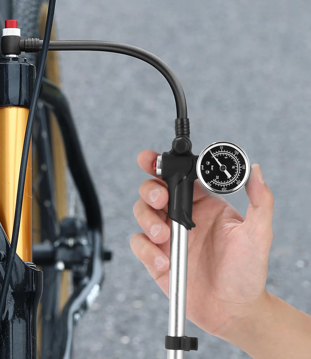 Pompa amortyzatorów 300 PSI z manometrem, pompka rowerowa 2 w 1 do MTB i szosówki