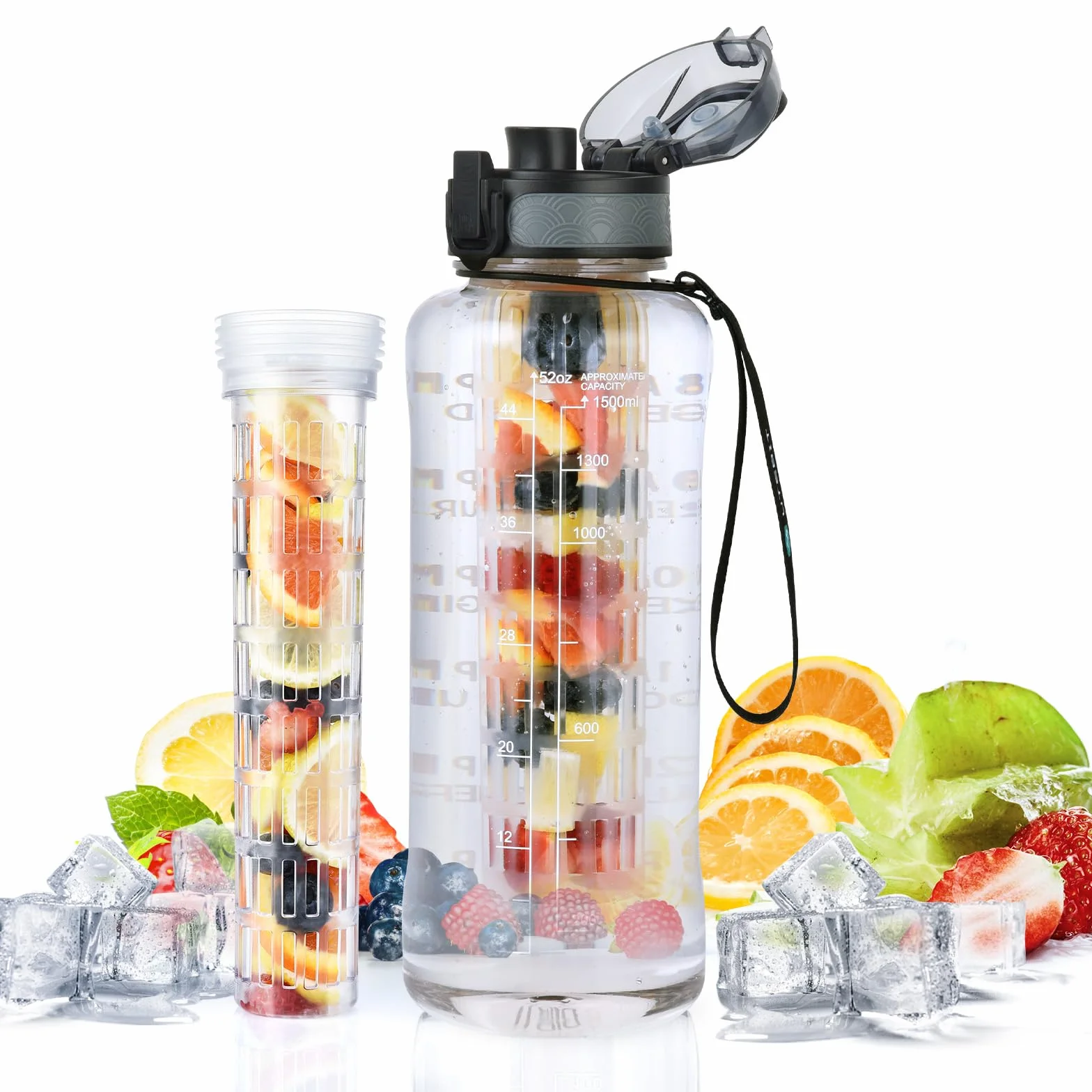 UTEBIT Butelka na wodę z zaparzaczem na owoce, 1,5 l, szczelna, sportowa ze znacznikami czasu, tritan, bez BPA, motywacyjna do fitnessu, siłowni, na rower