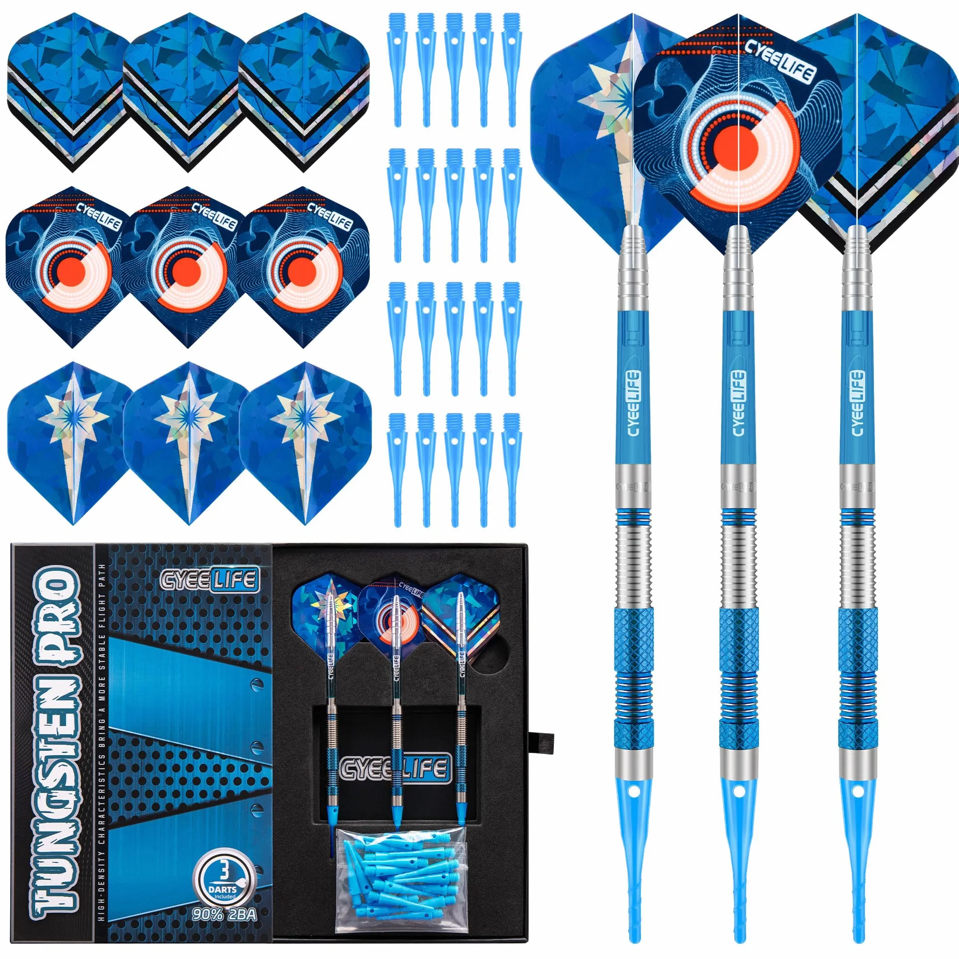 Zestaw rzutek do darta CyeeLife z plastikowymi końcówkami 90% wolframu 3 sztuki 90% wolframu soft darts, profesjonalny zestaw do darta z piórkami, nasadkami i końcówkami (niebieski)