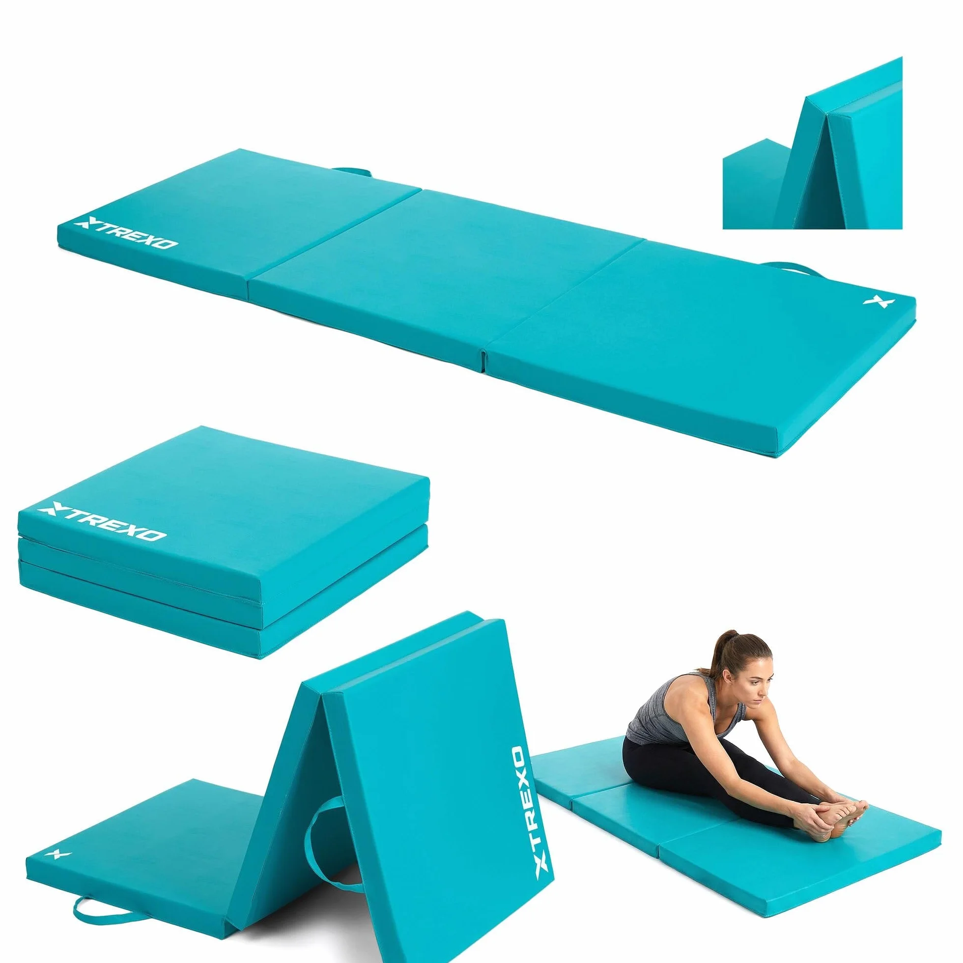 TREXO Składana mata gimnastyczna 180 x 60 x 5 cm – mata gimnastyczna ze sztucznej skóry z 3 segmentami – tapicerka o grubości 5 cm – do fitnessu, szkoły i treningu domowego