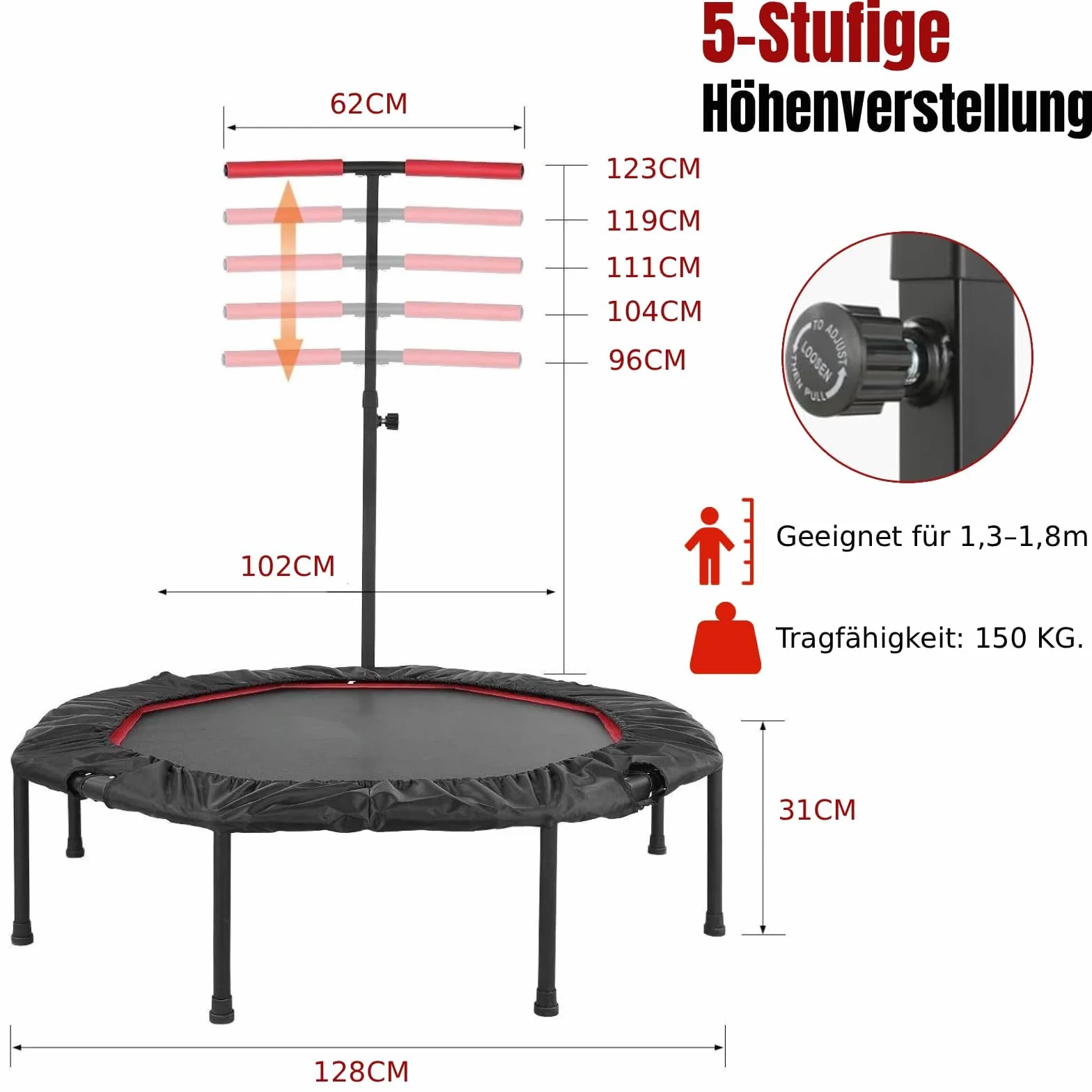 LIFERUN Cicha trampolina fitness, ośmiokątna mini trampolina, Ø 128 cm, do użytku wewnątrz i na zewnątrz, elastyczny sznurek, uchwyty z regulacją wysokości, obciążenie 150 kg, dla dorosłych, do