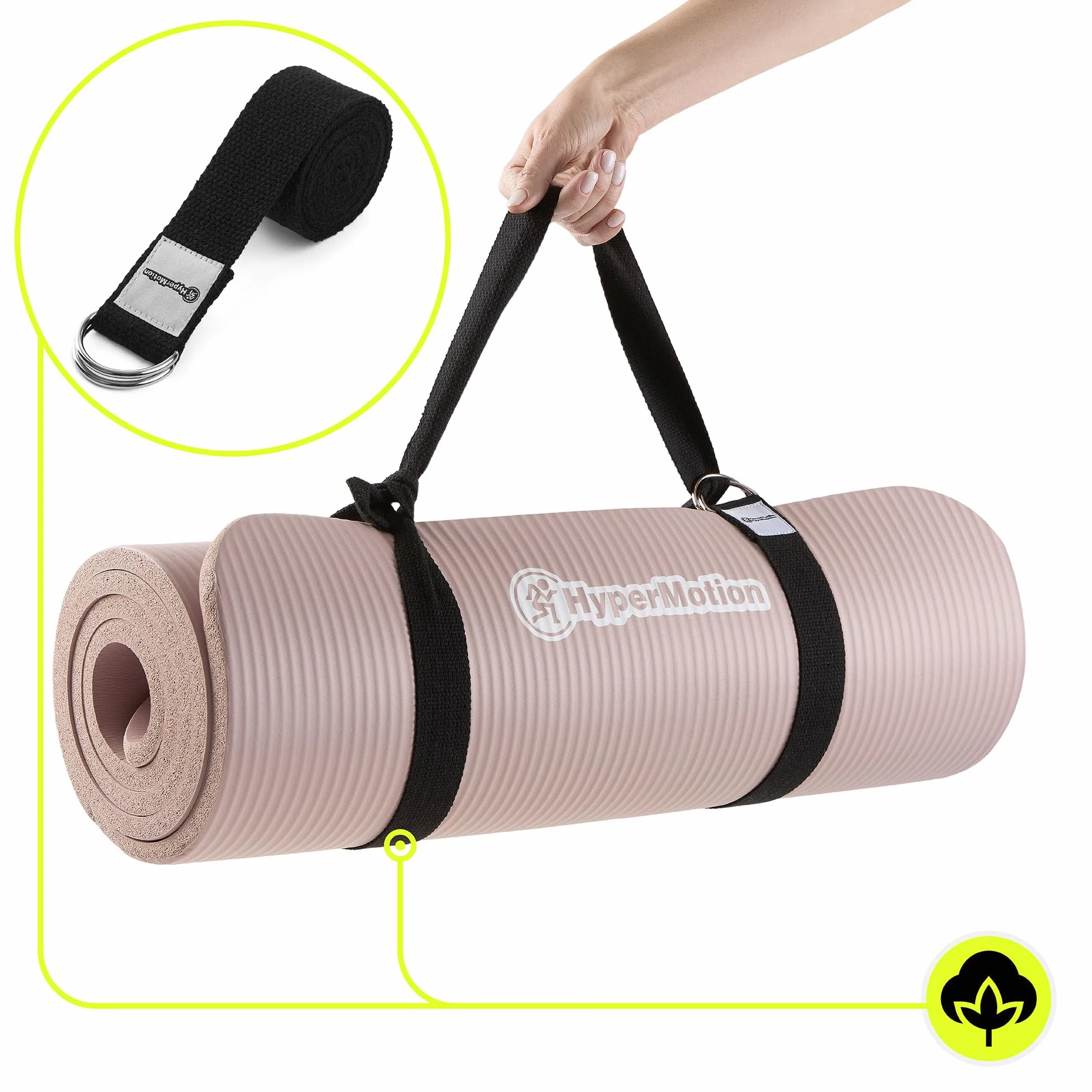 HyperMotion Mata do Ćwiczeń Fitness i Jogi NBR 183x61x1,5 cm Brudny Róż, Antypoślizgowa 15 mm, z Paskiem do Ćwiczeń i Przenoszenia, Gruba Mata do Jogi, Pilates i Stretchingu