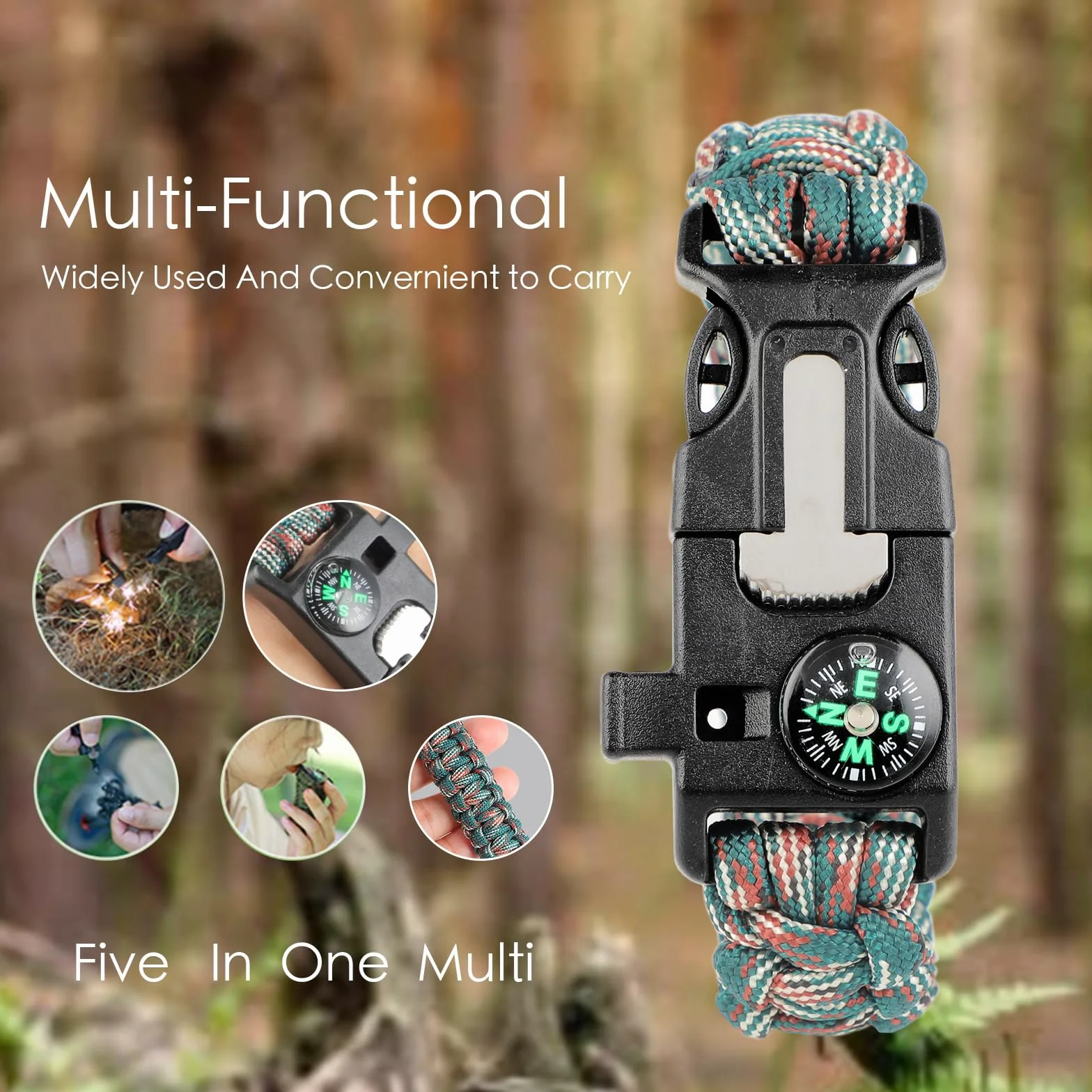 KITDAHOM 6 sztuk bransoletek survivalowych – 5 w 1 bransoletka outdoorowa 26 cm x 2,5 cm – paracord – z krzesiwem, gwizdkiem, kompasem, skrobakiem, liną – na wędrówki, kemping, sytuacje awaryjne