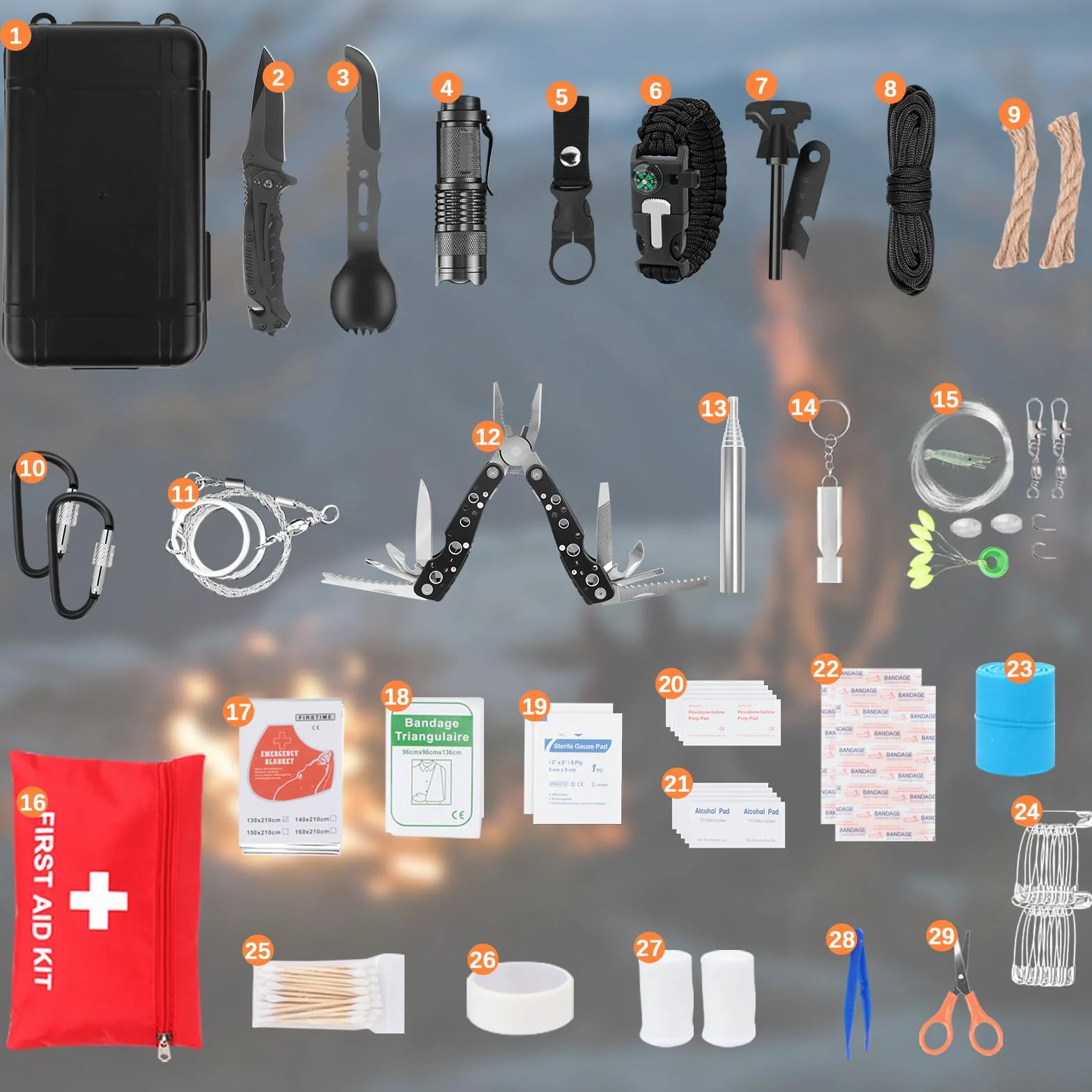 Zestaw survivalowy do użytku na zewnątrz, wyposażenie survivalowe dla mężczyzn, na kemping/przygody/wędrówki na świeżym powietrzu
