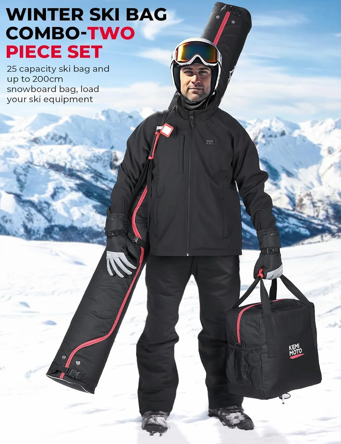 KEMIMOTO Torba na buty narciarskie Combo, torba na buty narciarskie do 200 cm, torba na buty narciarskie 25 l, wodoszczelna torba na narty z kratką wentylacyjną, wytrzymała torba na narty do jazdy na