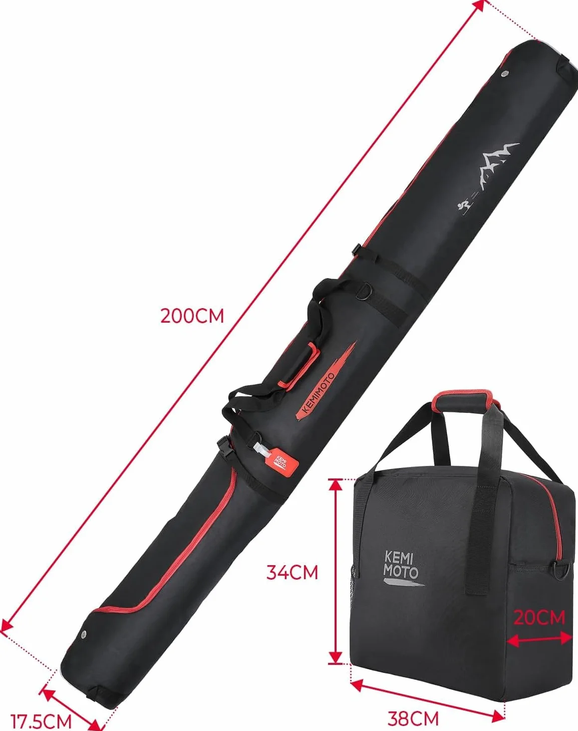 KEMIMOTO Torba na buty narciarskie Combo, torba na buty narciarskie do 200 cm, torba na buty narciarskie 25 l, wodoszczelna torba na narty z kratką wentylacyjną, wytrzymała torba na narty do jazdy na