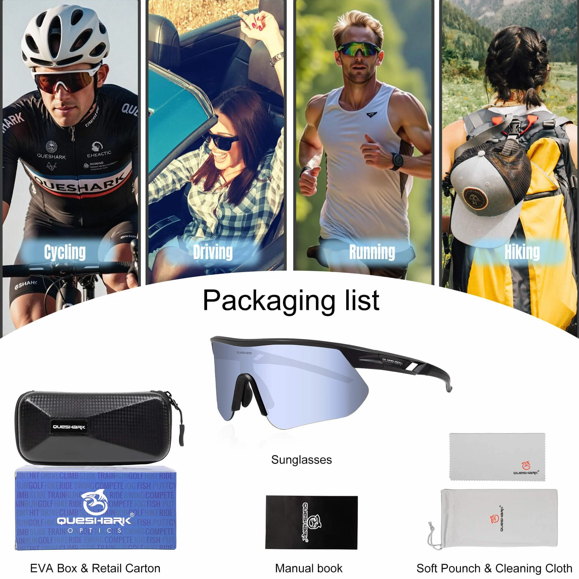 Okulary kolarskie Queshark, okulary przeciwsłoneczne do biegania dla kobiet i mężczyzn, oprawki TR90 i ochrona UV400, sportowe okulary przeciwsłoneczne do jazdy na rowerze, biegania i wędkowania