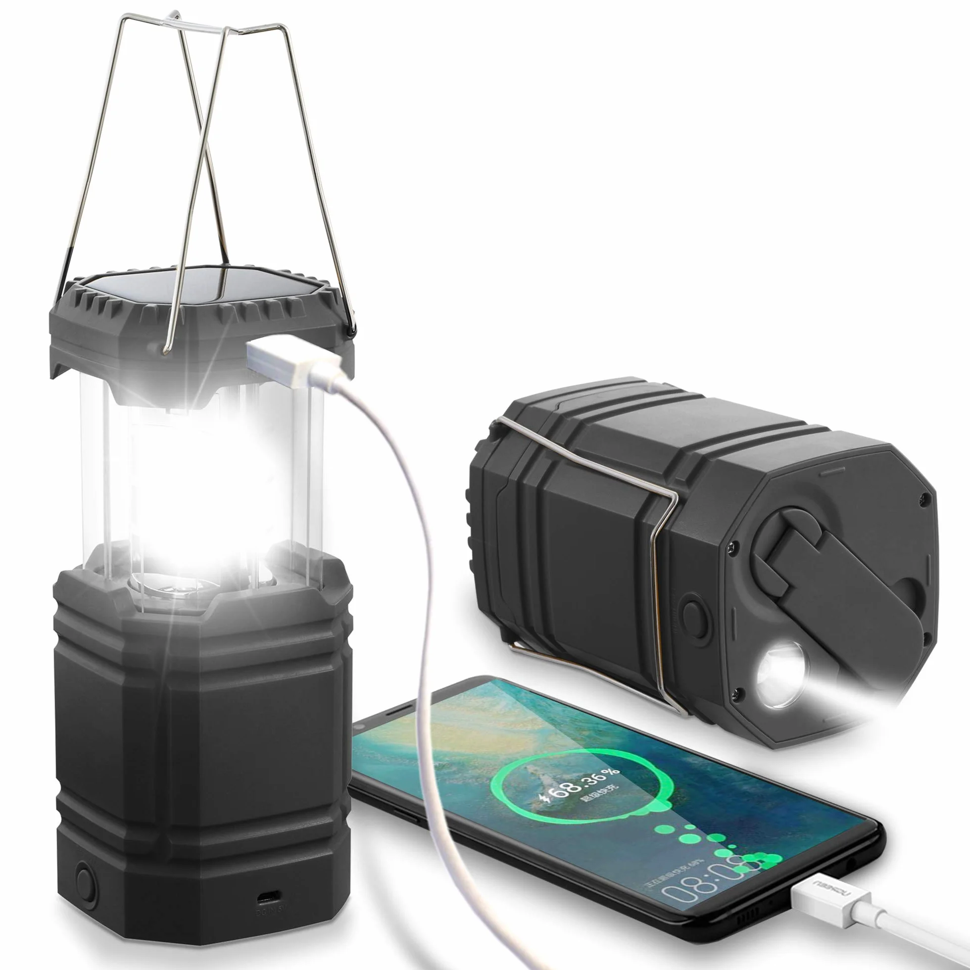 Lampa kempingowa LED solarna 3000 mAh składana wisząca z korbą ręczną i latarką awaryjna