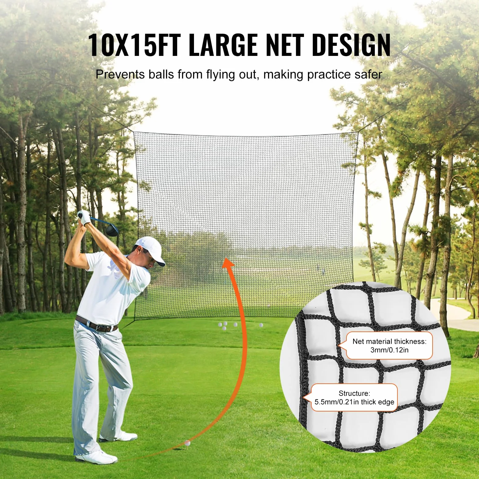 VEVOR Siatka golfowa, 3 x 4,5 m, siatka do ćwiczeń golfowych, wewnętrzna siatka do gry w golfa, baseball, hokej, piłkę nożną, wytrzymała, nylonowa siatka do piłek DIY, sportowa bariera do treningu