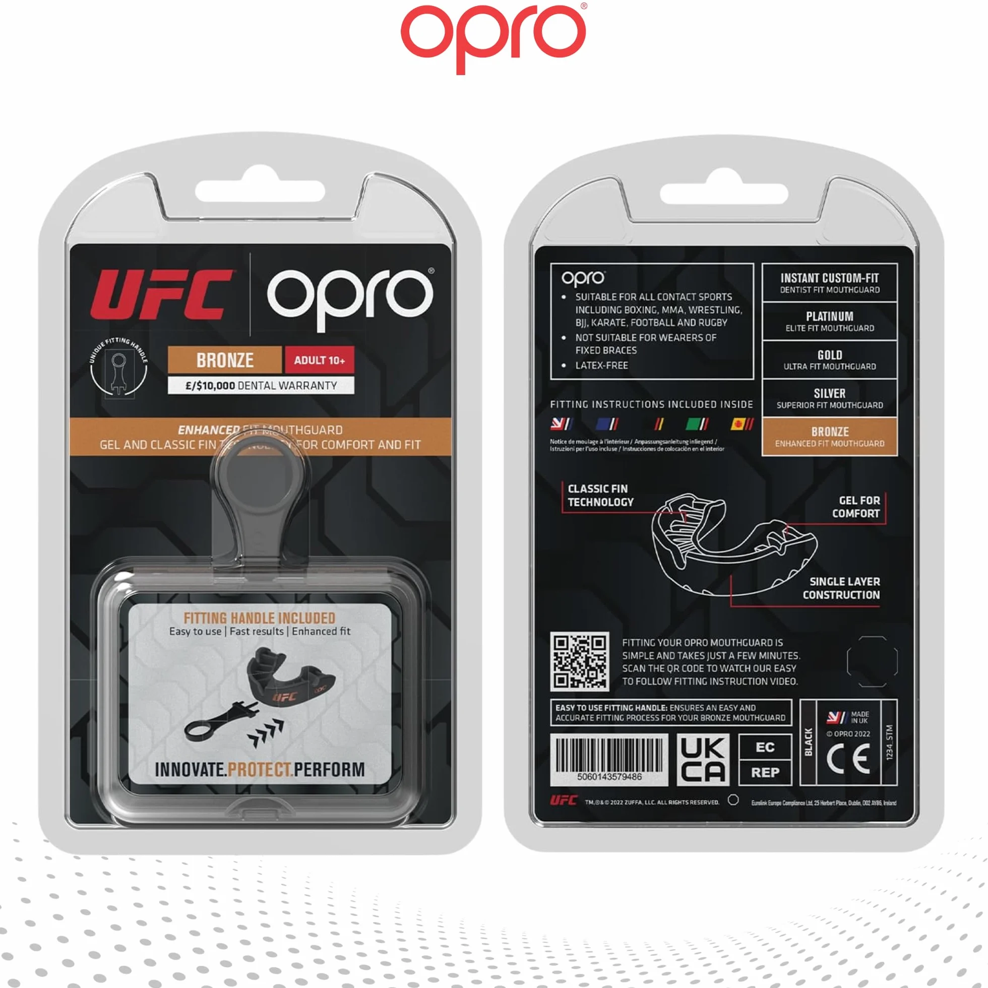 OPRO Bronze Level UFC sportowy ochraniacz na zęby dla dorosłych i dzieci z etui i urządzeniem montażowym, gumowa osłona do UFC, MMA, boksu, BJJ i innych sportów walki (czarny, dorosły)