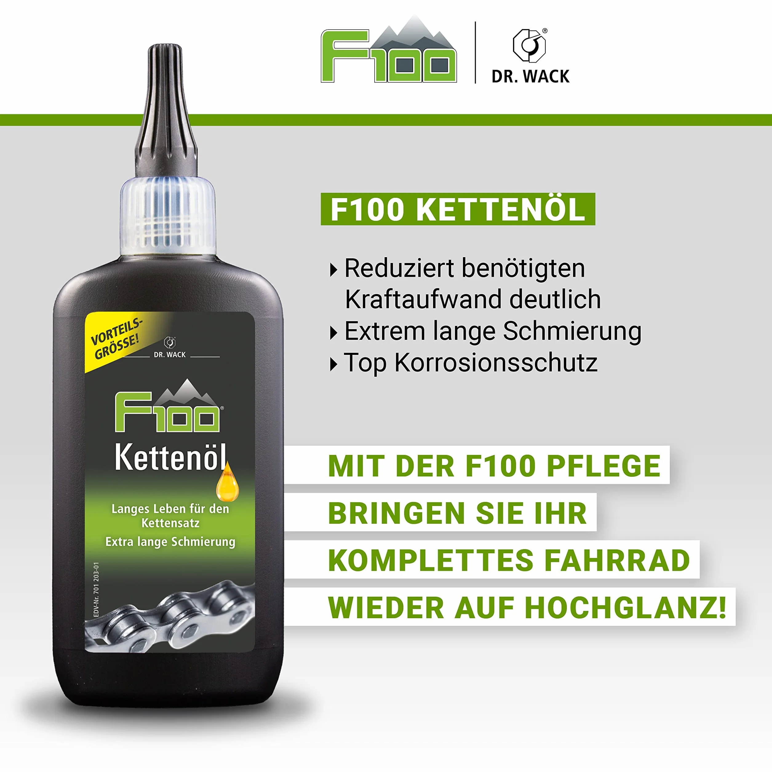 Dr. Wack - F100 olej do łańcuchów – butelka z zakraplaczem 100 ml I korzystny rozmiar I olej do łańcuchów rowerowych premium dla mniejszego tarcia i zużycia I olej do łańcuchów do wszystkich rowerów I wysokiej jakości pielęgnacja roweru – Made in Germany