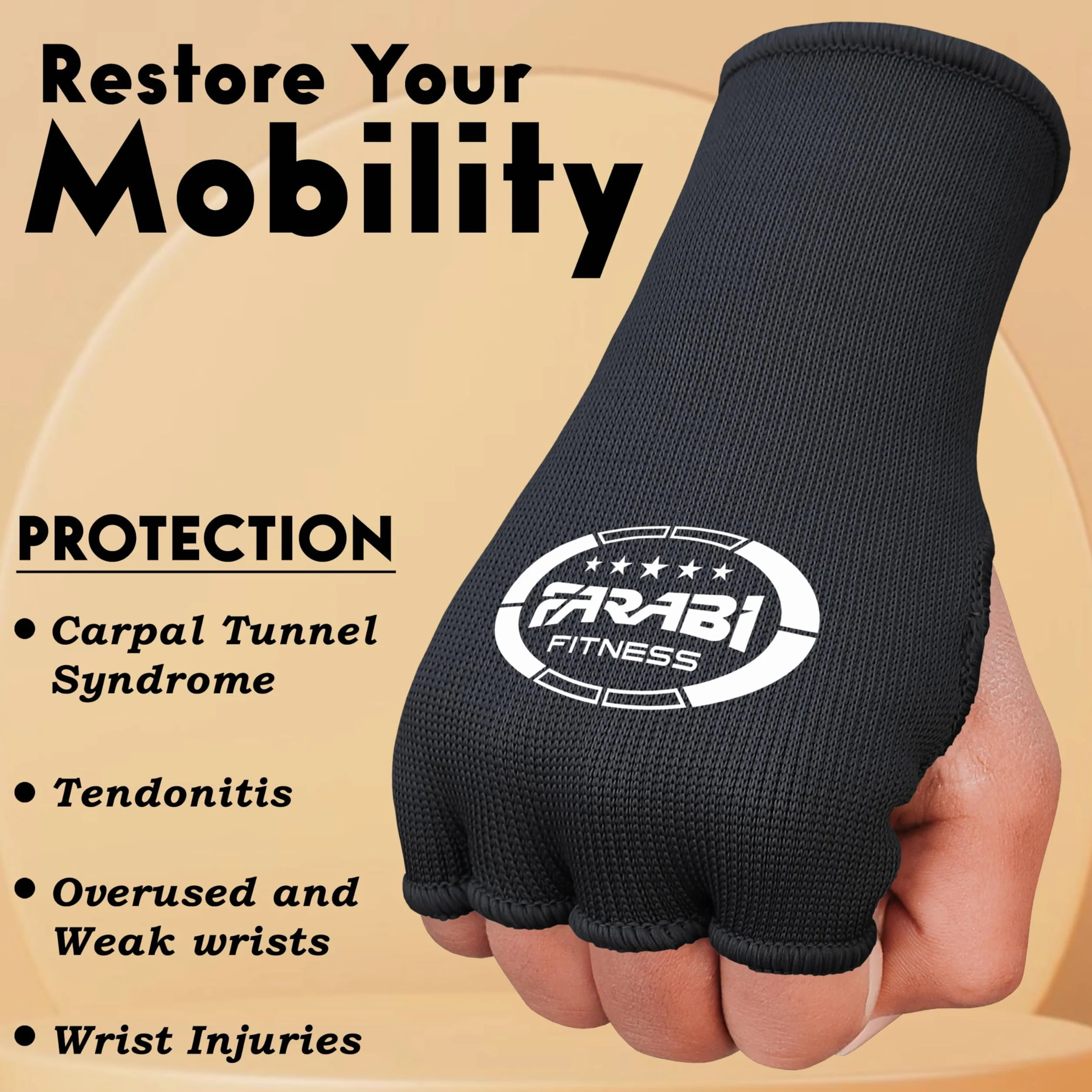 Farabi Sports Boxing Hand Wraps Rękawice wewnętrzne elastyczne na pół palca bez żelowej wyściółki do owijek bokserskich (Black, S/M)