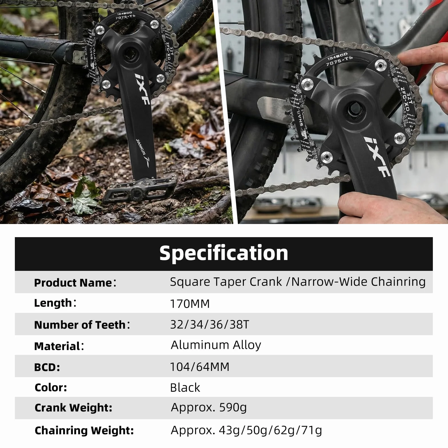 Rower górski 170 mm kwadratowy zestaw korbowy z 104 BCD 32/34/36/38T, okrągła tarcza i korba MTB ze stopu aluminium, pasuje do Shimano, SRAM, FSA