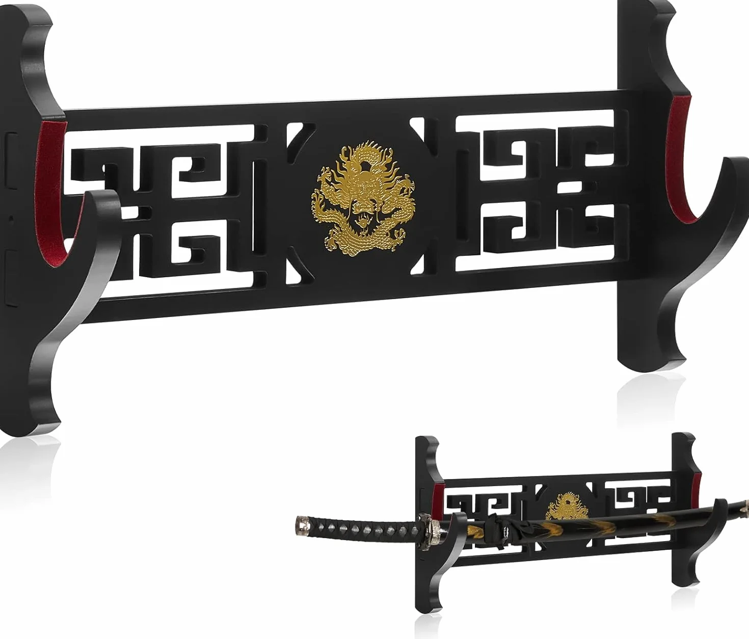 Miecz ścienny uchwyt na miecz stojak ekspozycyjny wyściełany Katana Wakizashi Genji i miecze samurajskie smok wzór 1 poziom