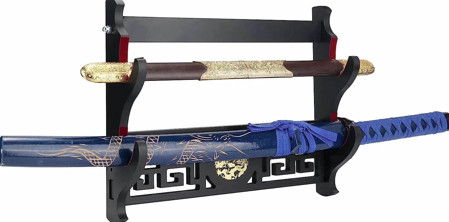 Uchwyt na miecz Katana, uchwyt ścienny, 2-poziomowy, ikona smoka, aksamit, wyściełany uchwyt Katana, miecz samurajski, stojak na miecz świetlny, stojak na miecz Wakizashi