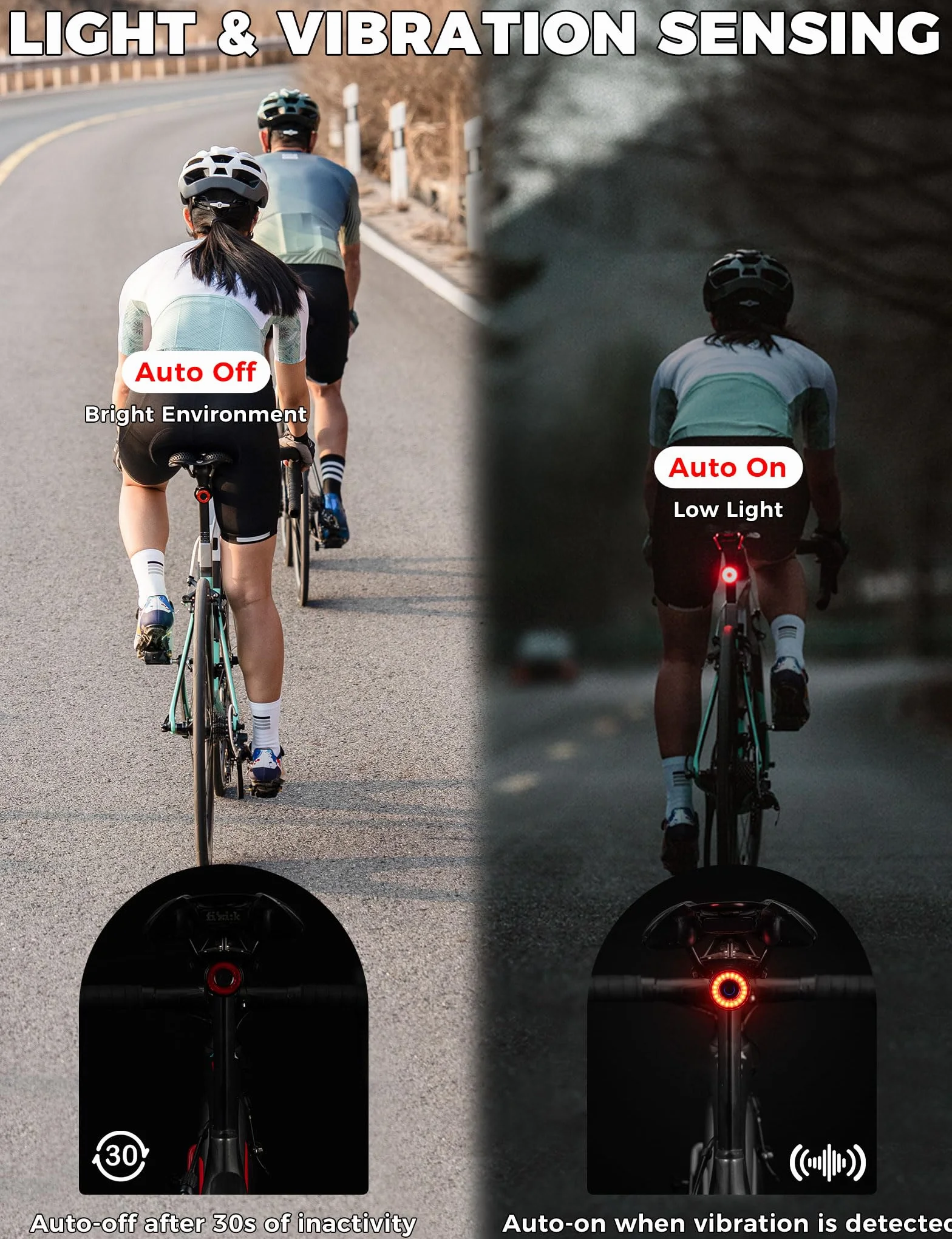 ROCKBROS Oświetlenie rowerowe tylne LED USB Akumulator IPX6 Wodoodporne czujniki światła hamowania wibracje 4 tryby jazdy na rowerze MTB szosowe nocne bezpieczeństwo