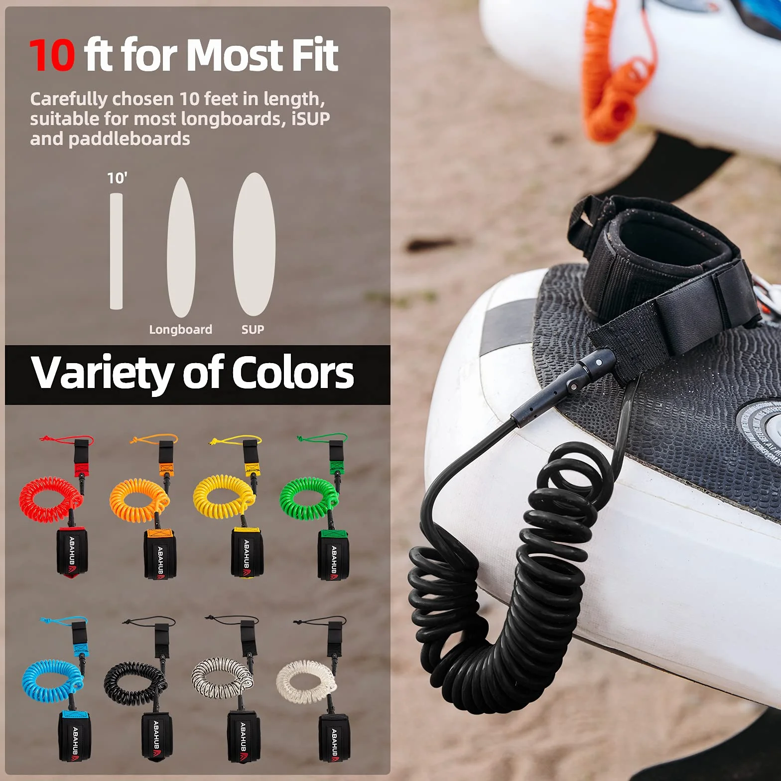 Abahub Wysokiej jakości zwijana smycz SUP, stand up Paddleboard Legrope, 3 m, czarna, grubość 7 mm, do deski surfingowej, deskorolki Boogie