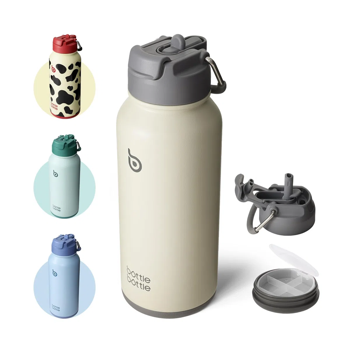 Butelka na wodę, izolowana, 950 ml, sportowa, ze słomką, podwójna pokrywka, na napoje, na siłownię, z pudełkiem na tabletki, szara