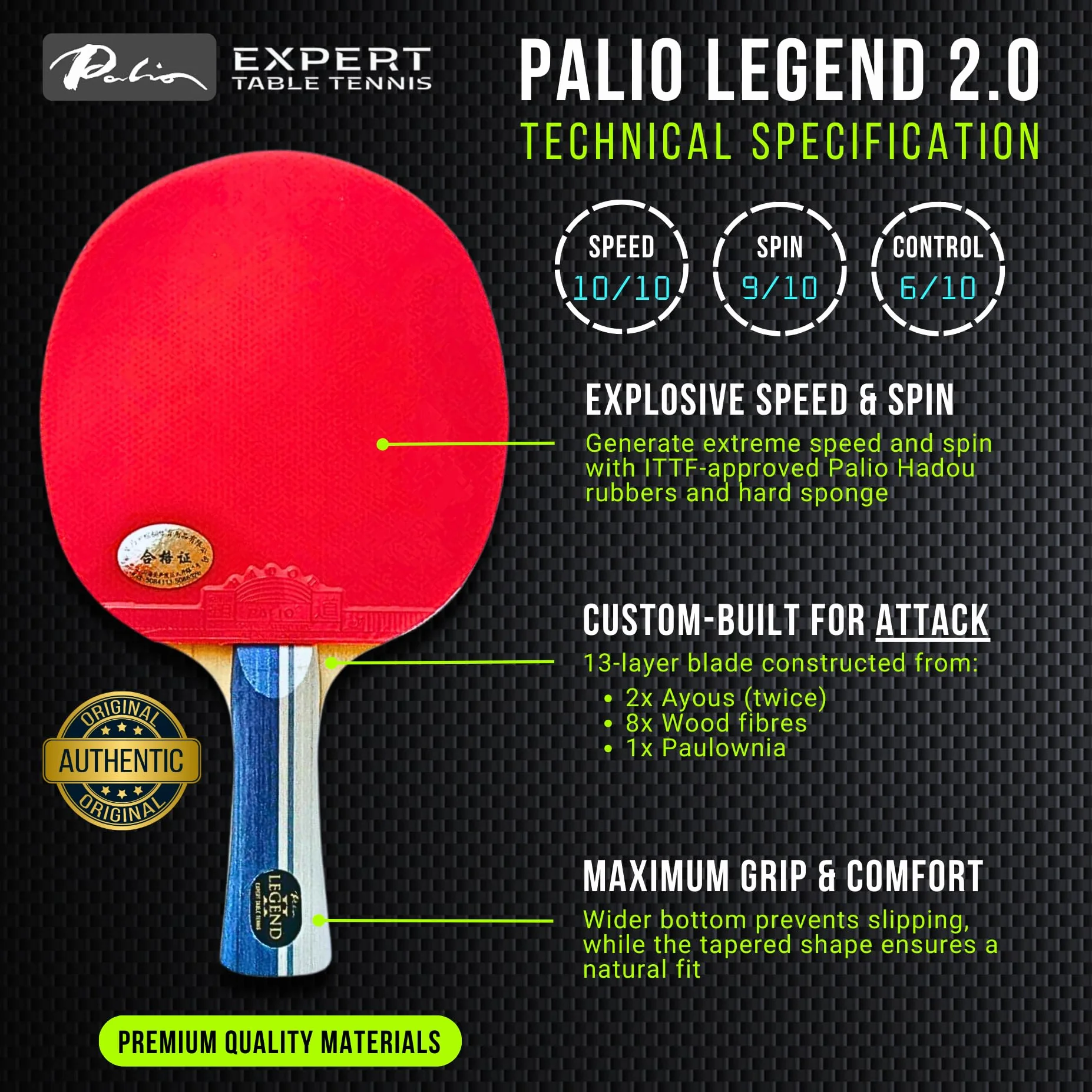 Palio Legend 2.0 kij do tenisa stołowego i etui, zatwierdzona przez ITTF zaawansowana rakieta do pingponga | maksymalna moc, prędkość i wirowanie