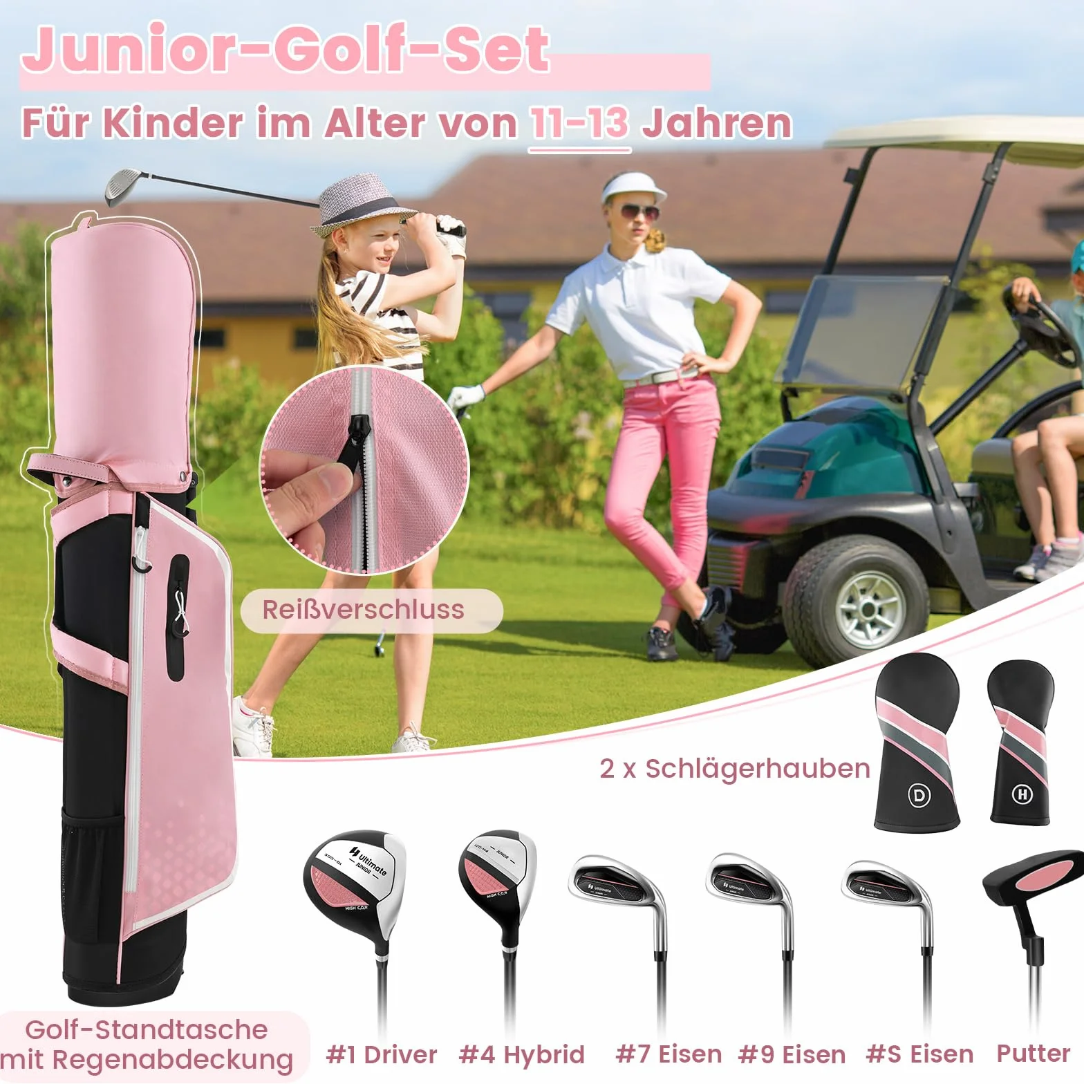 COSTWAY 6-częściowy zestaw kijów golfowych dla dzieci, zestaw kijów golfowych z torbą golfową i osłoną przeciwdeszczową, kompletny zestaw golfowy z żelazkiem 7/9/S, 1 Driver, 4 Hybrid i putter dla