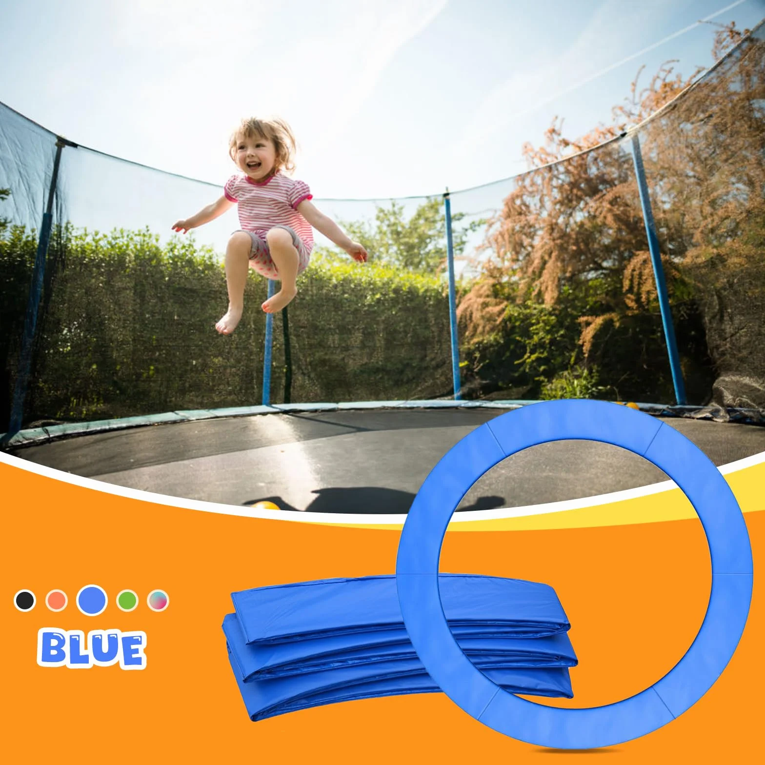 Osłona sprężyn, osłona krawędzi trampoliny 244 cm, 300 do 305 cm, 360 do 366 cm, 395 do 400 cm, 425 do 430 cm, z 6/8 drążkami, niebieska, PCW, odporna na promieniowanie UV