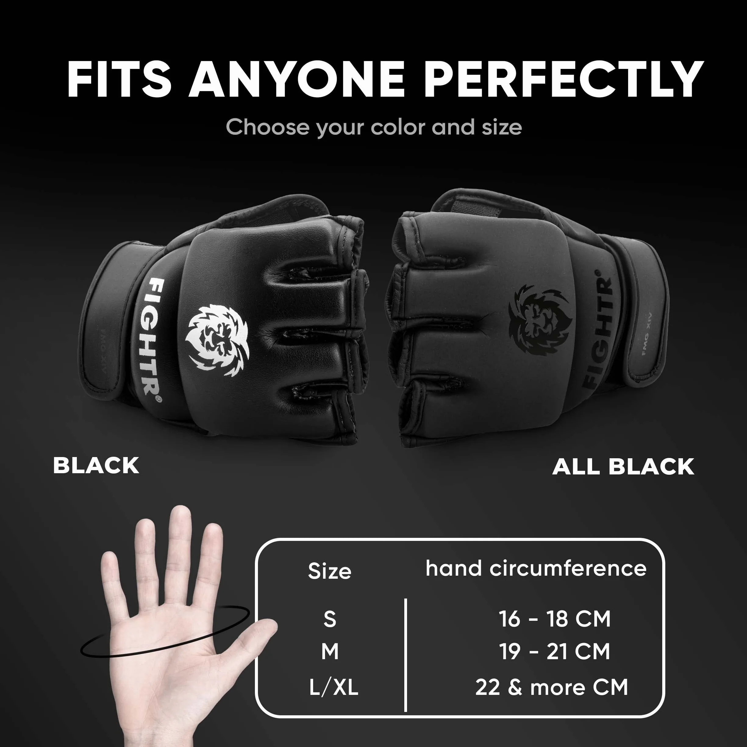 FIGHTR® Rękawice MMA dla idealnej stabilności i siły uderzania, rękawice do gry MMA, worek z piaskiem, sparing i treningi, w zestawie torba do przenoszenia