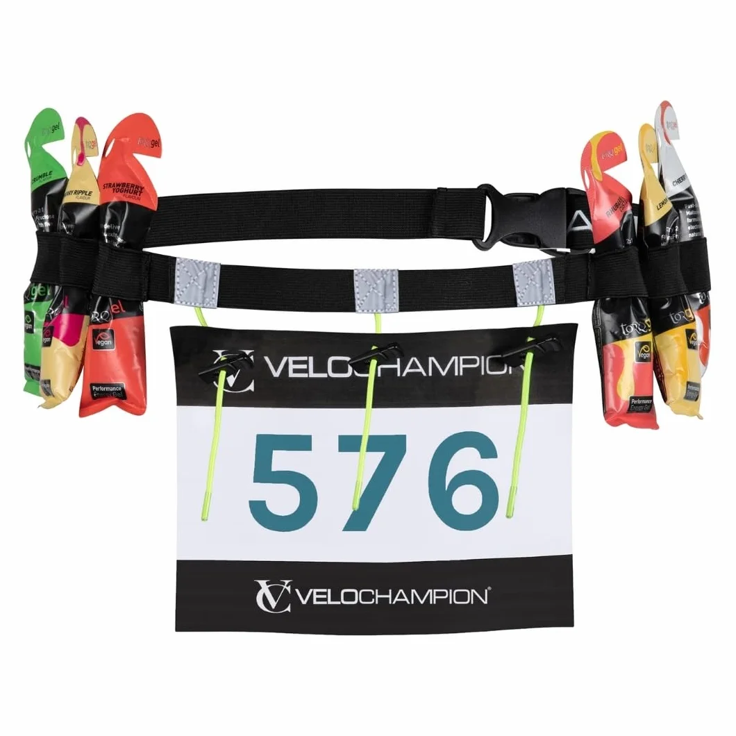 VeloChampion Pas do biegania – elastyczny elastyczny krój z zapięciem na klips do triatlonu, maratonu, jazdy na rowerze i wyścigu, Czarny, Dorosły S/M + 3 przełączniki