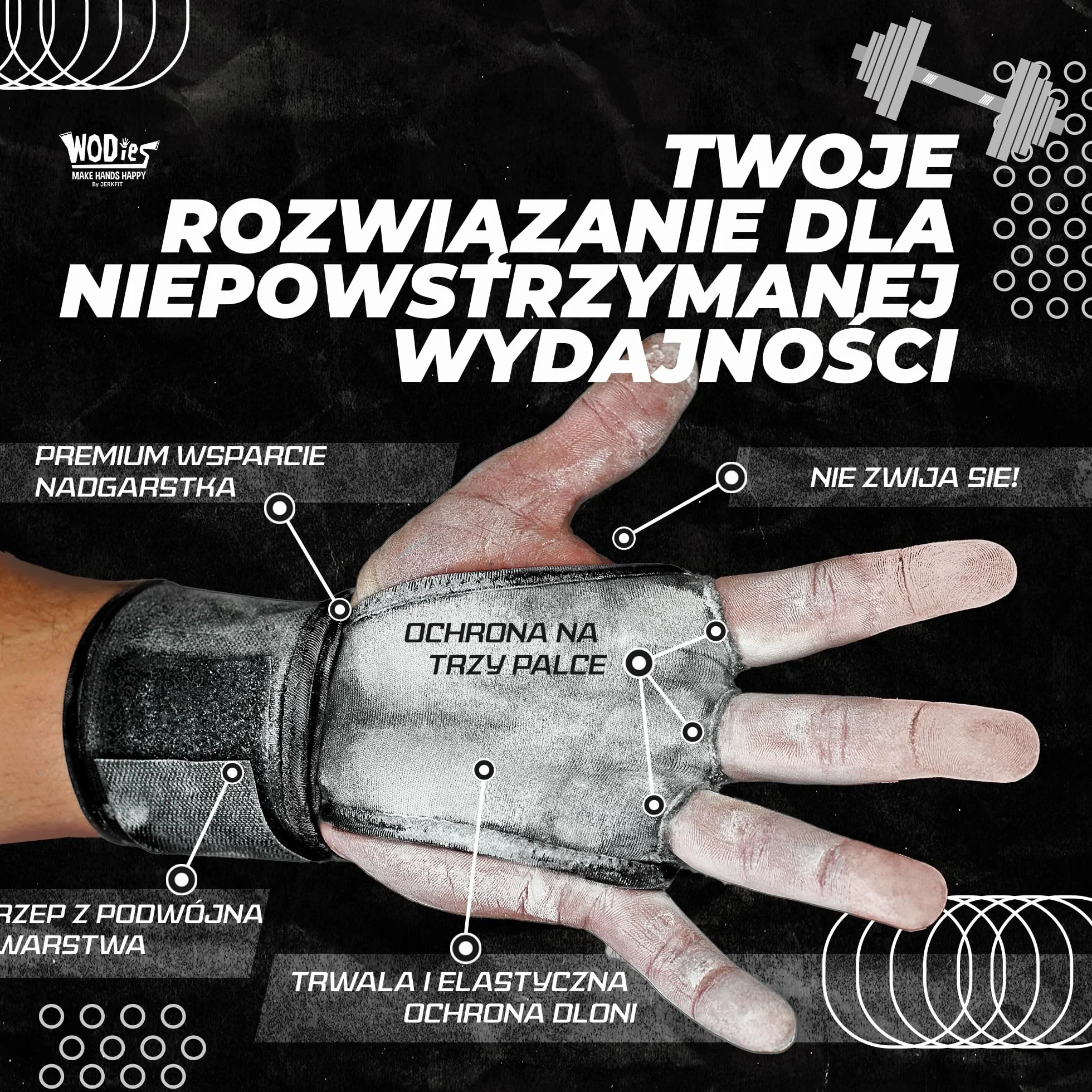 JerkFit WODies 3-otworowe uchwyty gimnastyczne z podparciem nadgarstka, bez lateksu, elastyczny uchwyt do treningu krzyżowego, WOD, podnoszenia ciężarów, wysokiej jakości uchwyty do podnoszenia dla