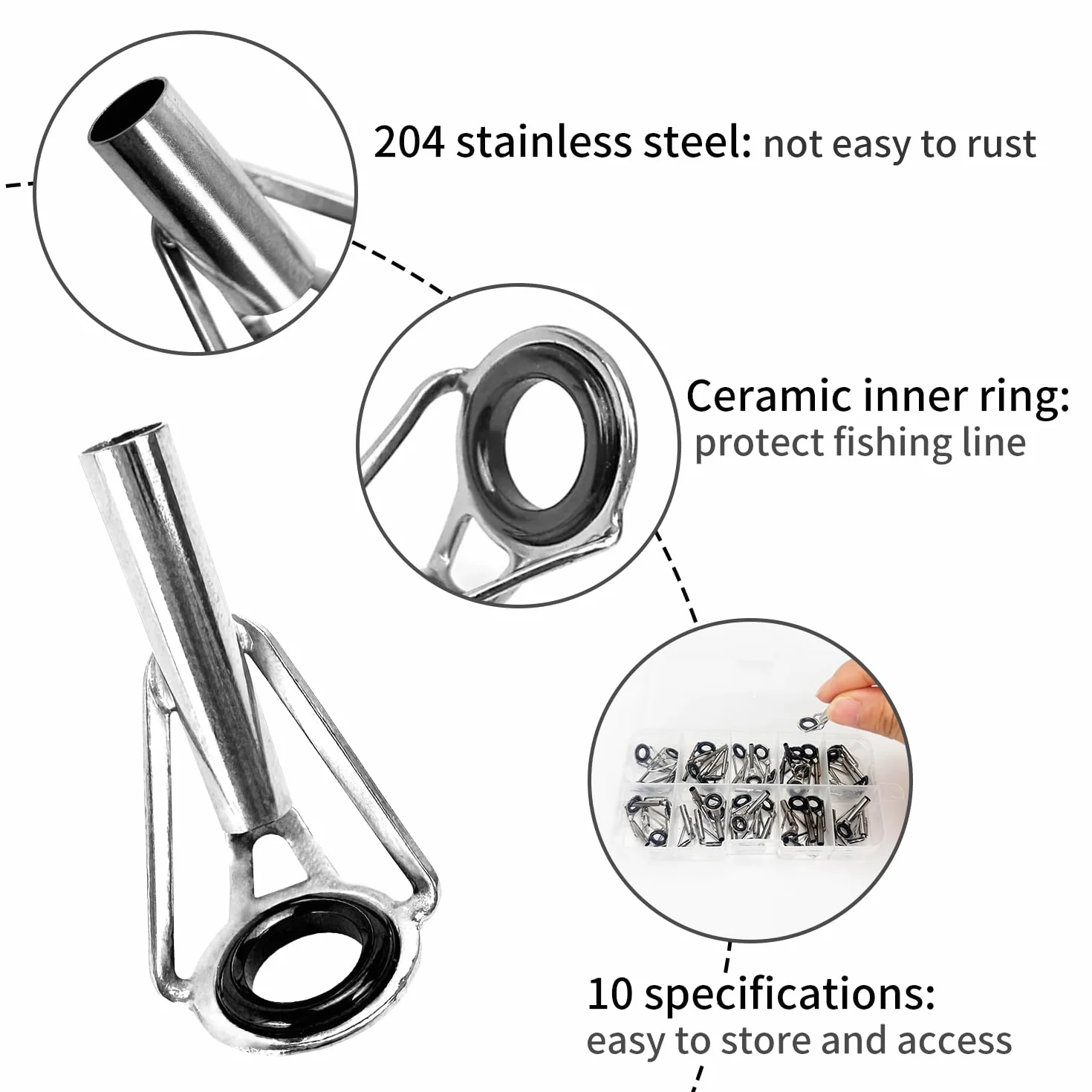Zestaw naprawczy końcówki wędki, 1,6-3,2 mm, zamiennik końcówki pręta ze stali nierdzewnej z plastikowym pudełkiem, ceramiczne pierścienie prowadzące dla miłośników słodkowodnych