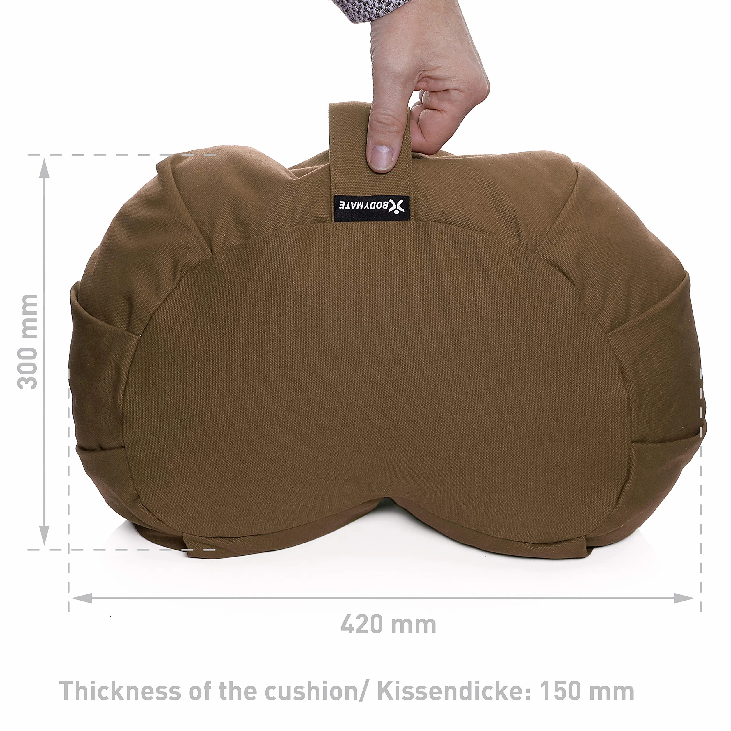 BODYMATE – poduszka do jogi w kształcie półksiężyca, dł. 42 cm, szer. 30 cm, wys. 15 cm, z wypełnieniem z ziaren gryki, poszewka do prania w pralce, 100% extra grubej bawełny, do medytacji i siedzenia