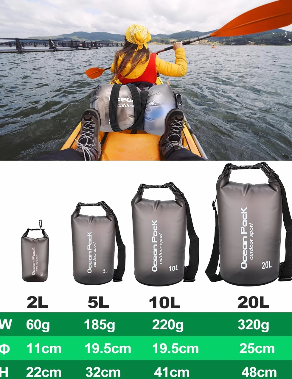 Worek wodoszczelny, 20L 10L 5L 2L Wodoszczelny plecak z paskiem na ramię i wodoodpornym etui na telefon, Pływanie, Kąpiel, Plaża, Kajak, Stand Up Paddling, Nurkowanie, czarny, 10l, moda