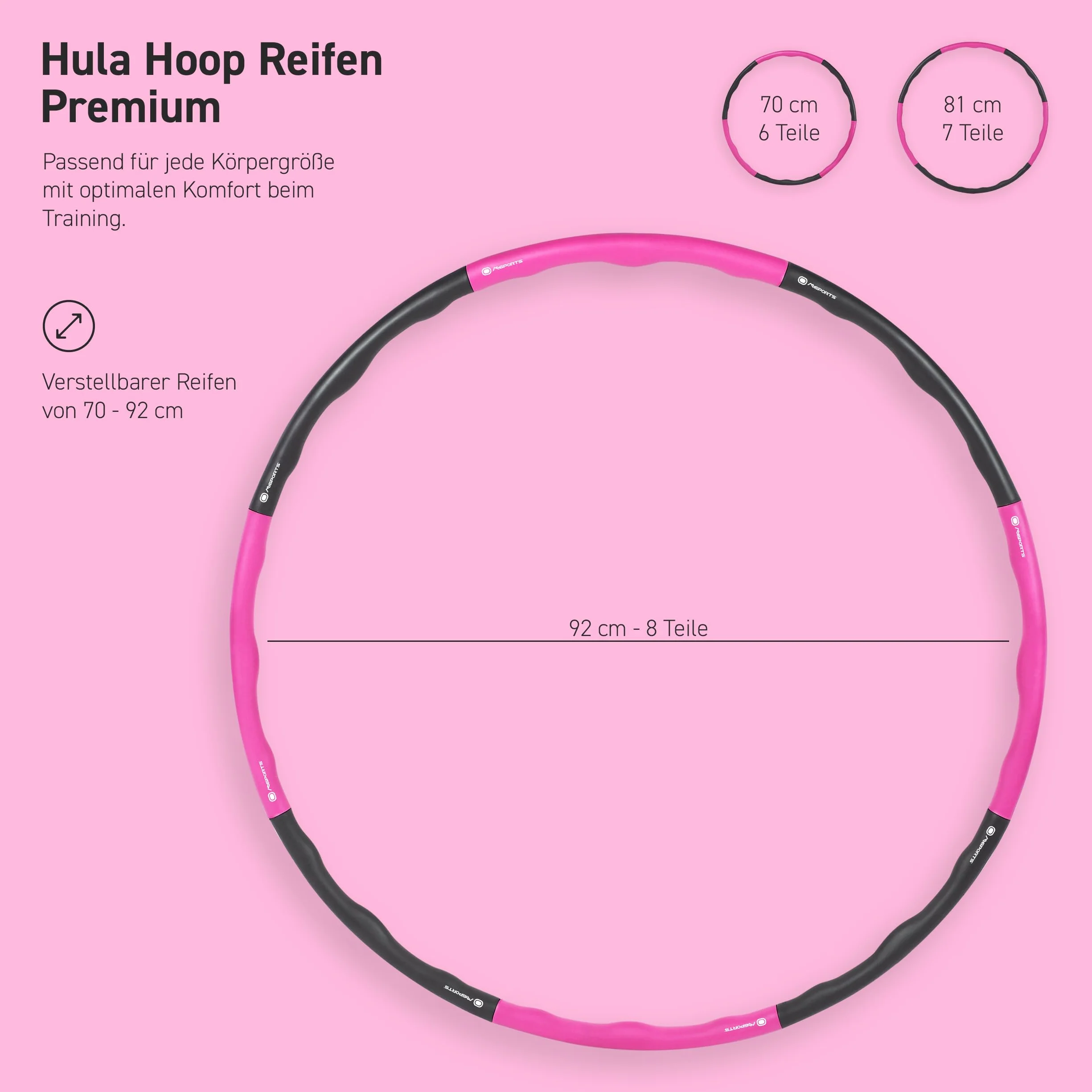 Hula Hoop obręcz premium z pianką i regulacją rozmiaru, hula hop do fitnessu, do redukcji wagi, 6-8 segmentów, zdejmowana obręcz hula hop, nadaje się do fitnessu/uprawiania sportu