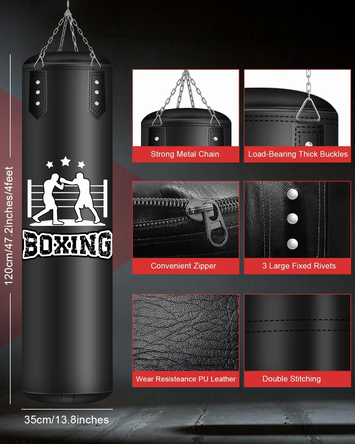 Torba bokserska dla dorosłych 1,2 m wisząca z łańcuchem i uchwytem sufitowym do kickboxingu Muay Thai