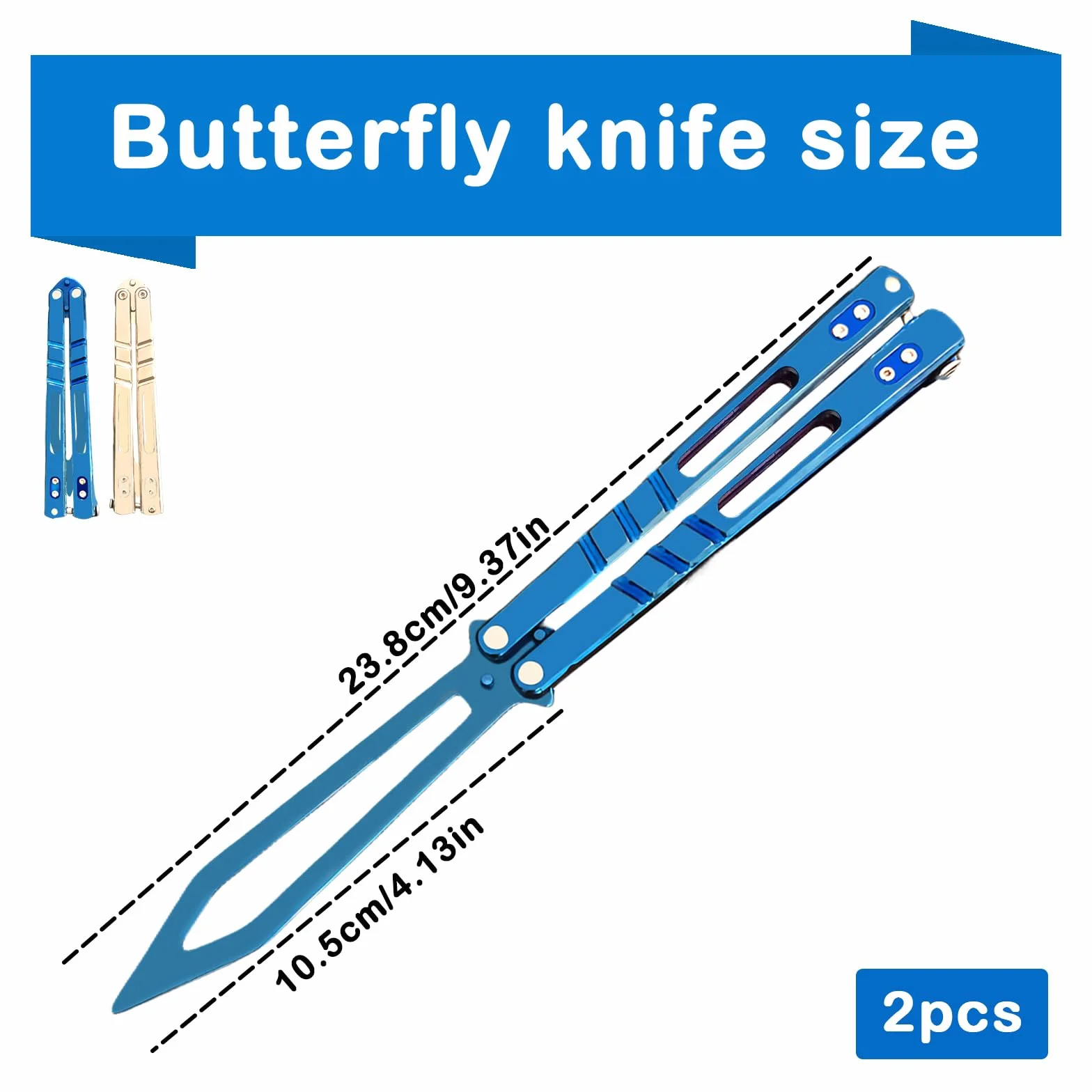 Butterfly Trainer nóż motylkowy do ćwiczeń, nieostrzone ostrze, grzebień ze stali nierdzewnej, do noży treningowych Balisong, dla początkujących (biały + niebieski)