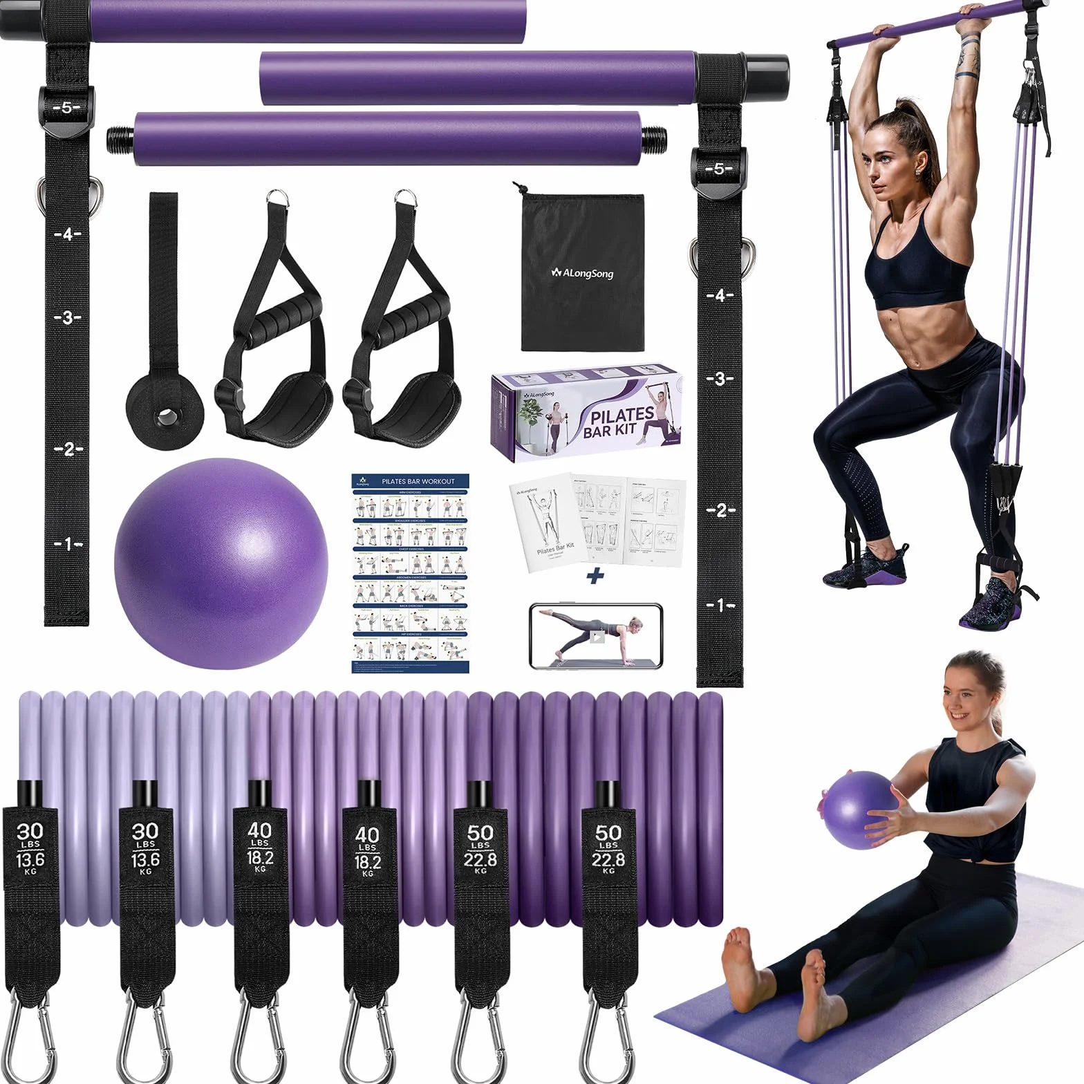 ALongSong Pilates Bar Kit z 6 elastycznymi gumkami do mięśni 30/40/50LBS, wielofunkcyjny drążek do pilatesu z piłką do jogi i solidną klamrą regulacyjną do ćwiczeń w domu
