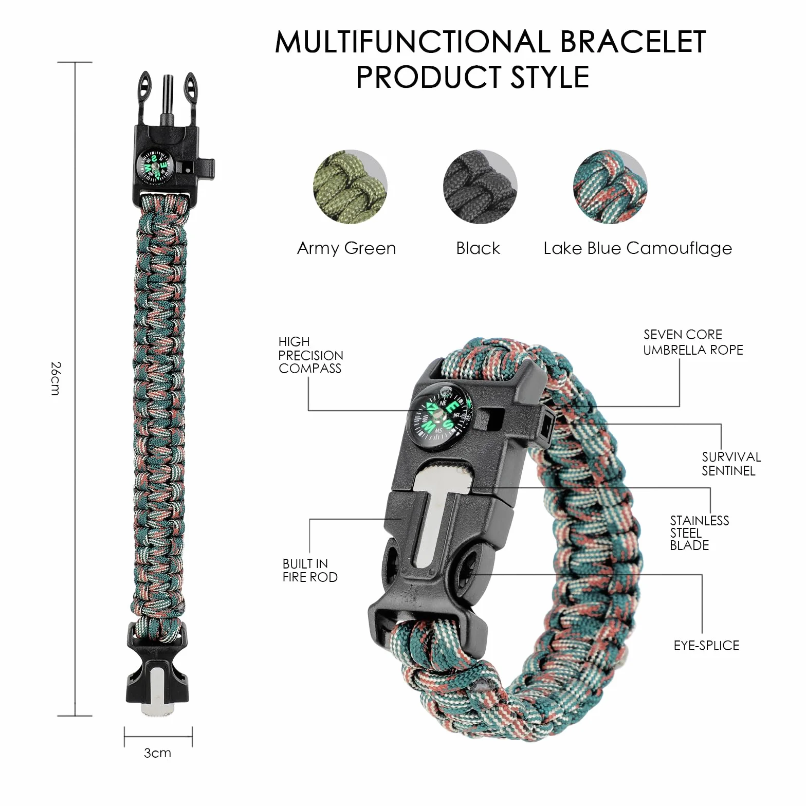 KITDAHOM 6 sztuk bransoletek survivalowych – 5 w 1 bransoletka outdoorowa 26 cm x 2,5 cm – paracord – z krzesiwem, gwizdkiem, kompasem, skrobakiem, liną – na wędrówki, kemping, sytuacje awaryjne