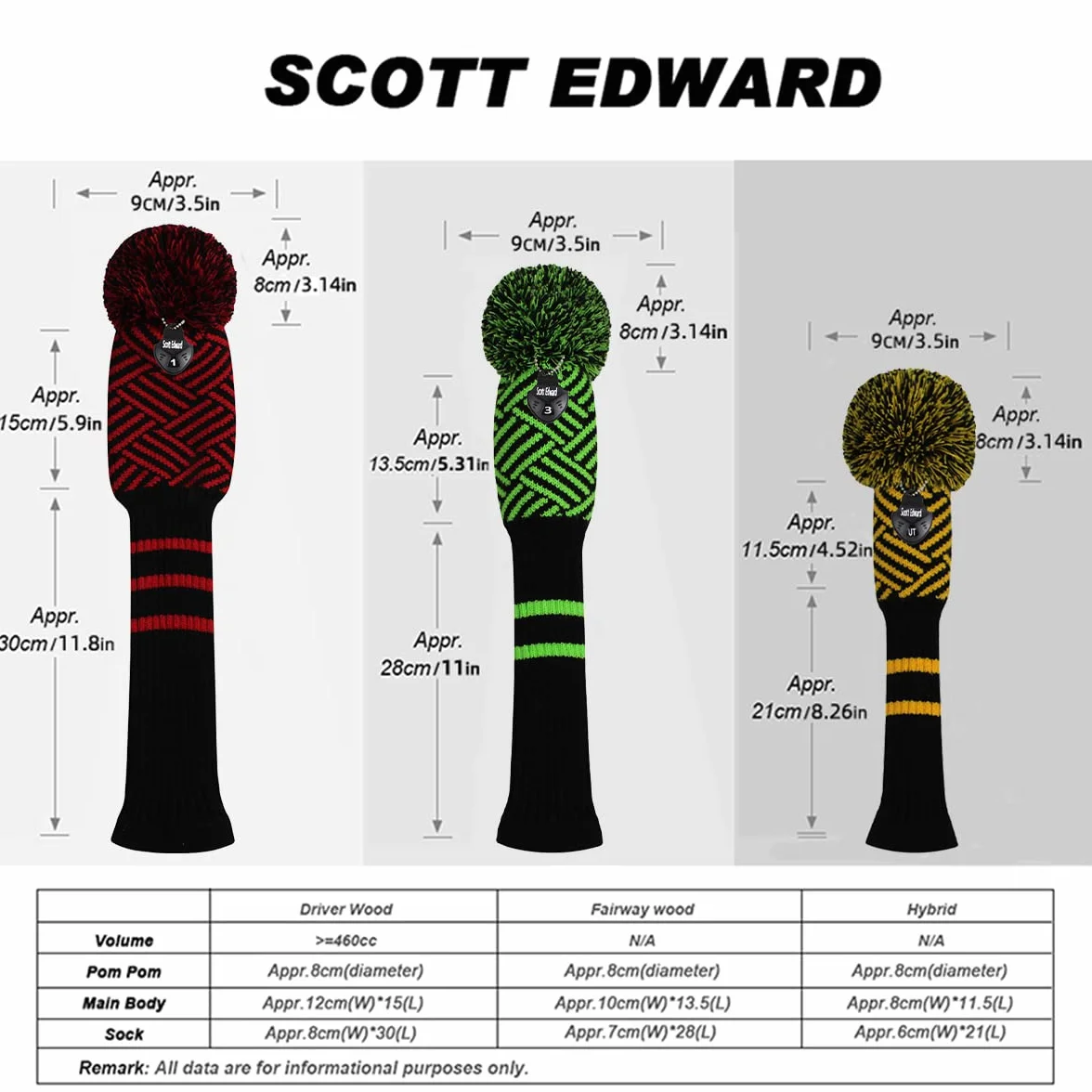 Scott Edward 3 szt. Pokrowce na głowę golfową Driver Fairway Hybrid