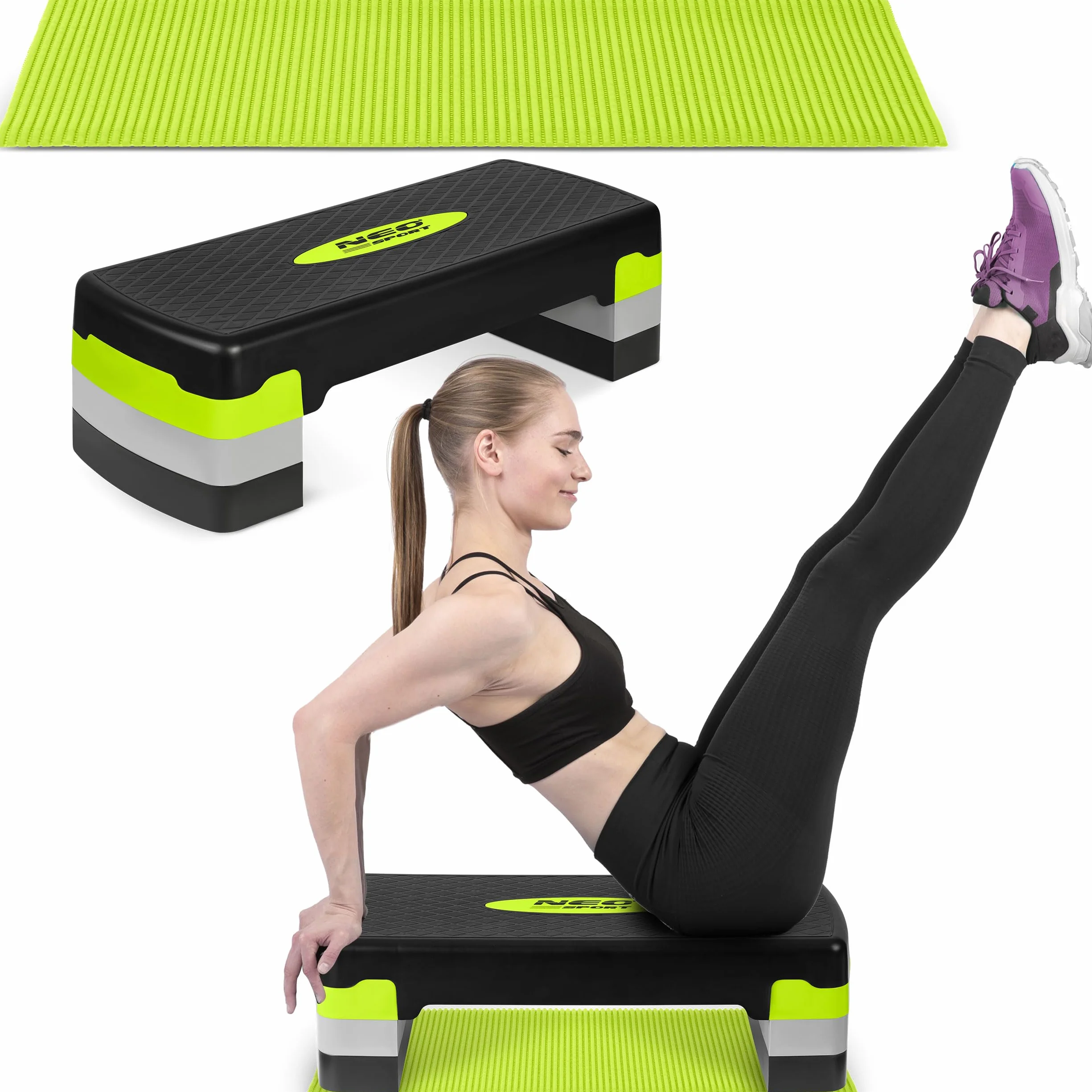 Neo-Sport Step do Ćwiczeń Fitness, Aerobiku - 3-Stopniowy Step do Ćwiczeń z Antypoślizgową Matą - Regulacja Wysokości - Maksymalne Obciążenie 200kg