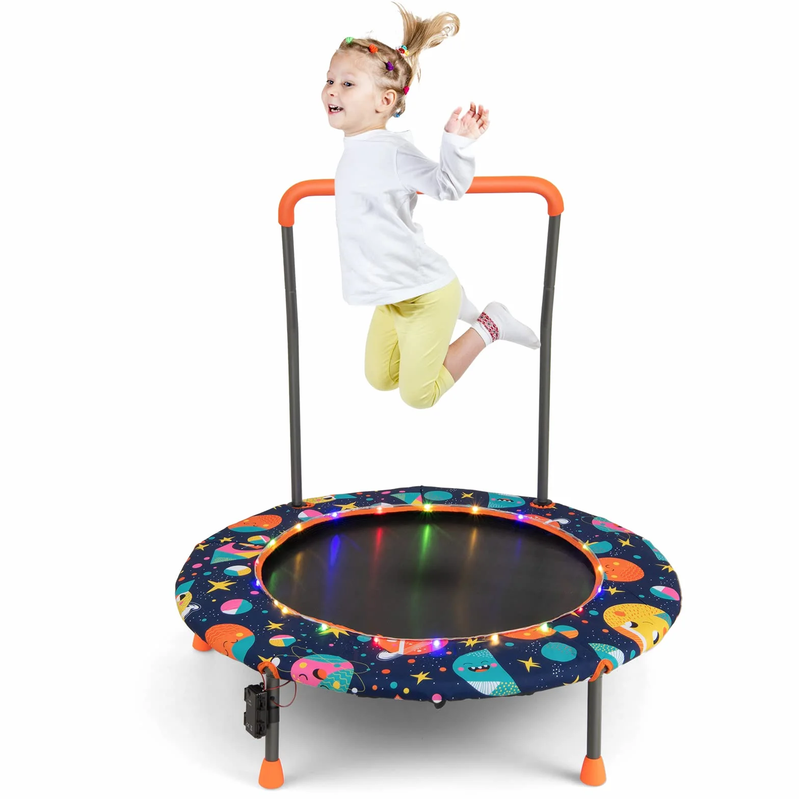 COSTWAY Trampolina dla dzieci 92 cm z oświetleniem LED, uchwyt bezpieczeństwa, obciążenie 25 kg