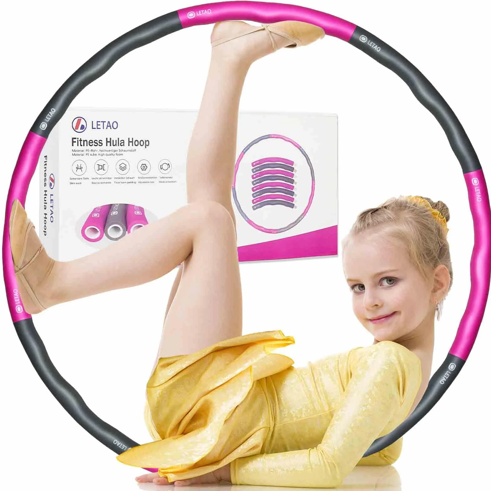 LETAO Hula Hoop dla dzieci, od 36 miesięcy do 12 lat, różowo-szary, 0,7 kg, 95 cm, hula hop dla dzieci, możliwość demontażu i instrukcja elektroniczna