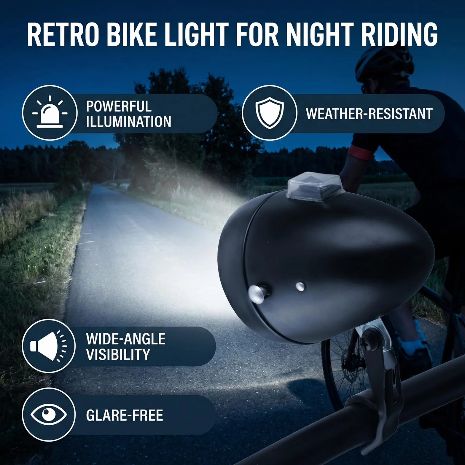 Przednia Lampka Rowerowa w Stylu Retro, Zabytkowy Reflektor Rowerowy z 6 żarówkami LED, Konstrukcja Odporna na Deszcz, Kąt Widoczności 160°, Tworzywo ABS, łatwy montaż, Idealny (Czarny)