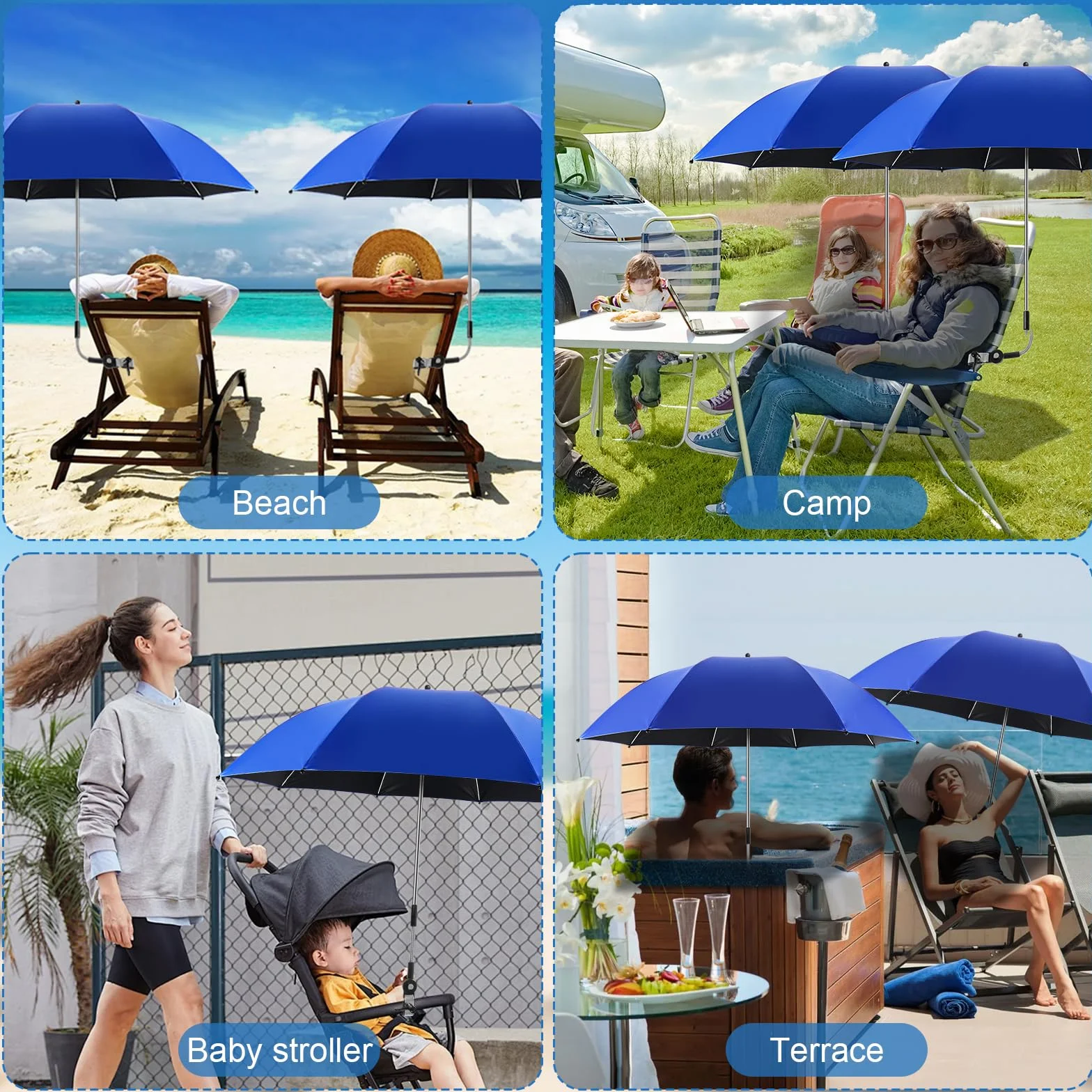 panthem Parasol plażowy z uniwersalnym zaciskiem, UPF 50+ regulowany 360°, przenośny parasol kempingowy, wózek inwalidzki, krzesła tarasowe, wózki golfowe, balkon