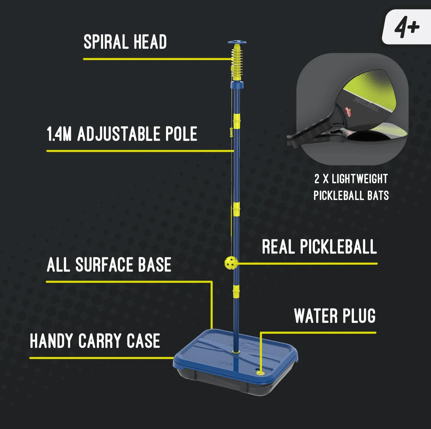 Swingball Pickleball All Surface przenośny zestaw gier Pickleball dla dzieci w wieku od 6 lat, regulowana wysokość, lekkie wiosła, przyjazny dla początkujących i profesjonalistów, rodzinna zabawa w
