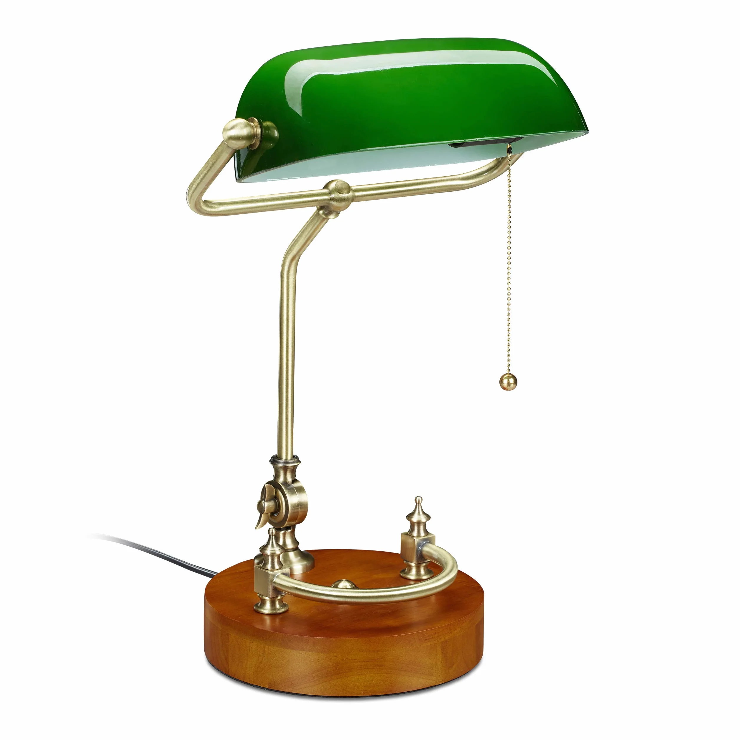 Relaxdays Lampa bankierska E27 z wyłącznikiem pociągowym, odchylanym szklanym kloszem, drewnianą podstawą, zielona, 43 x 27 x 22 cm