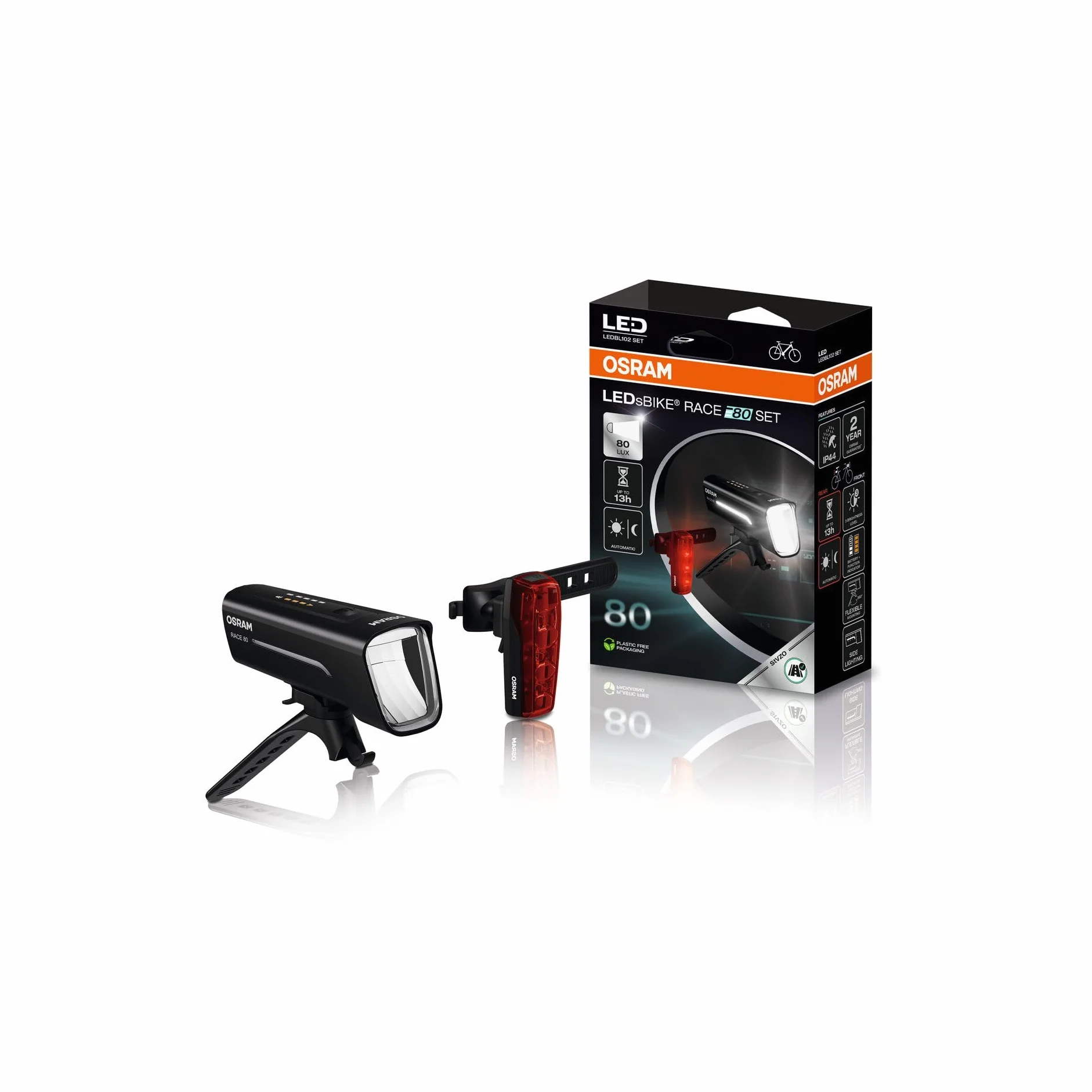 OSRAM LEDsBIKE RACE 80 SET, zestaw akumulatorowych lampek rowerowych LED, 80 luksów