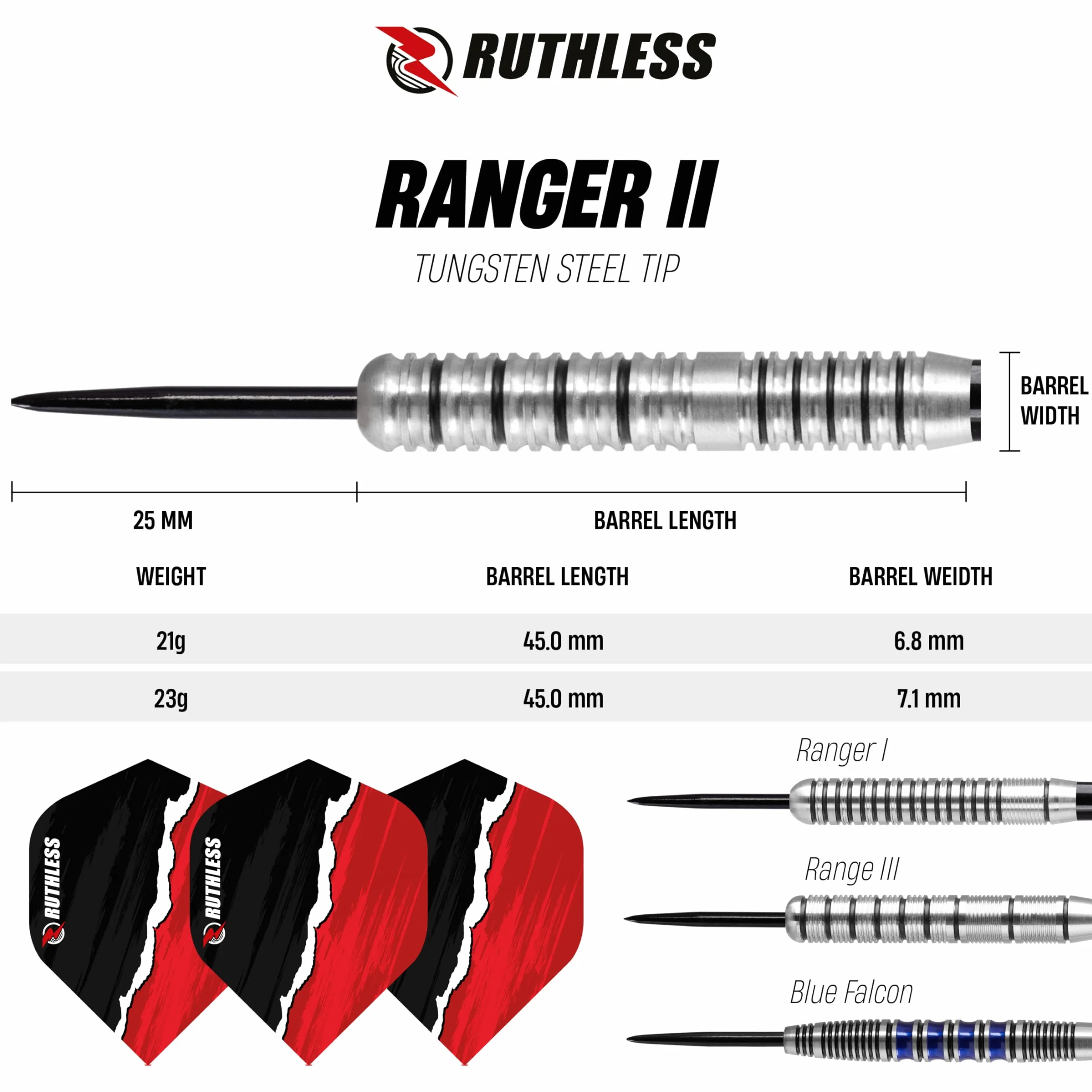 RUTHLESS Ranger II profesjonalny zestaw rzutek ze stali wolframowej, 21 g i 23 g, z trzonkami i trzonkami