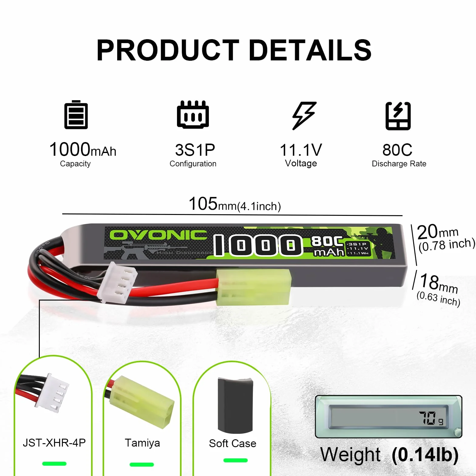 OVONIC 3S Lipo 11,1 V 80C 1000 mAh Airsoft Lipo akumulator z wtyczką Mini TMY do pistoletów Airsoft (2 szt.)