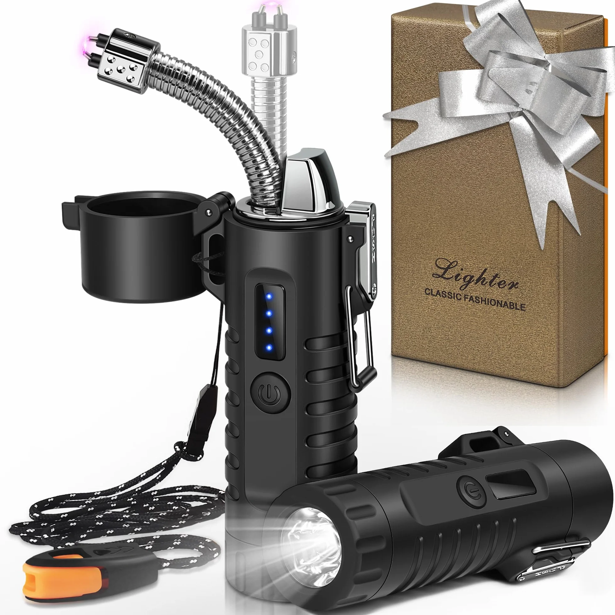 Lafagiet Zapalniczka elektryczna, ładowana przez USB C, z wyświetlaczem baterii LED, latarka, elastyczne rozsuwane zapalniczki łukowe 360° do świec, na kemping, przygodę na świeżym powietrzu