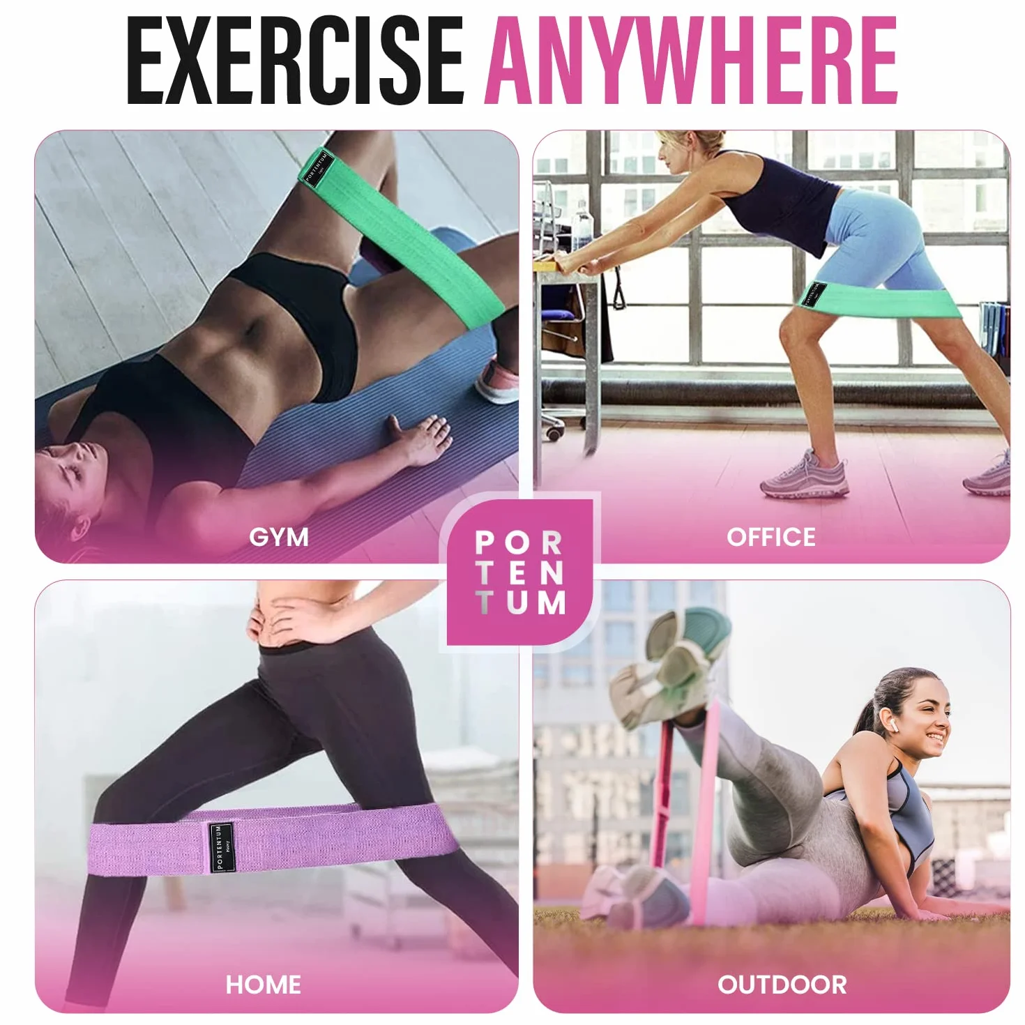 PORTENTUM Wstążki elastyczne do budowy mięśni, zestaw 3 elastycznych pasm fitness Anti-Slip Tkanina. 3 poziomy oporu dla Crossfit, Joga, Glutei i innych sportów i torby do przechowywania