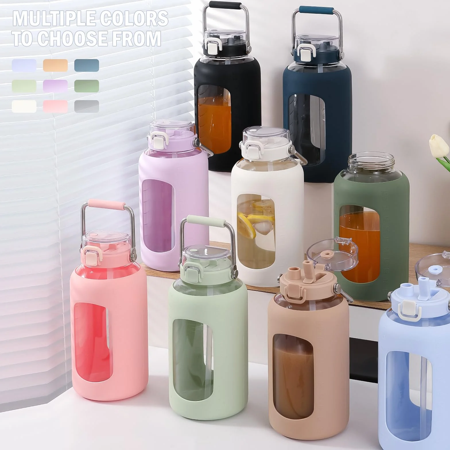 BLUEGO Szklana butelka na wodę 2500 ml z uchwytem ze stali nierdzewnej, z znacznikami czasu i silikonowym rękawem, bez BPA